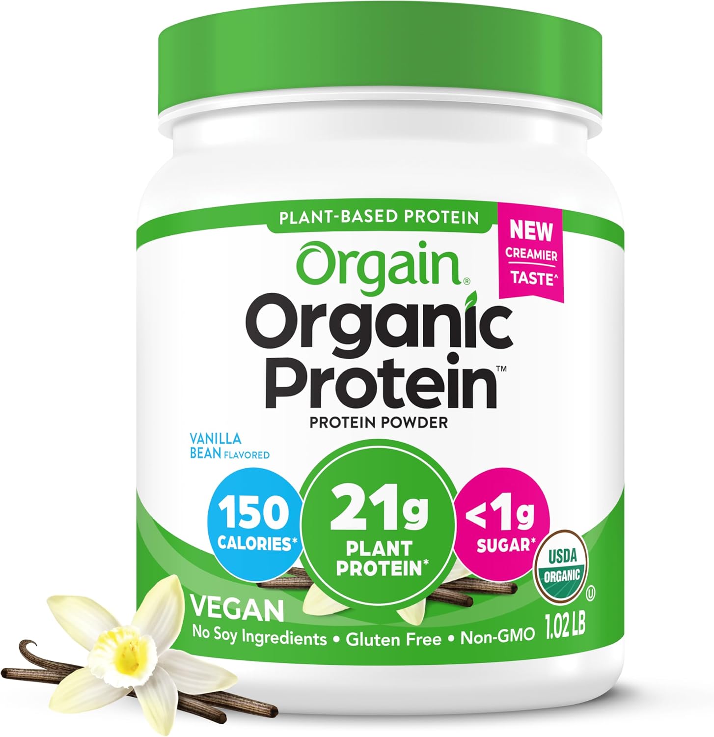Orgain Organic Vegan Protein Powder, Vanilla Bean - 21g of Plant Based Protein, Low Net Carbs, Non Dairy, Gluten Free, Lactose Free, No Sugar Added, Soy Free, Kosher, 1.02 Pound (Packaging May Vary)
