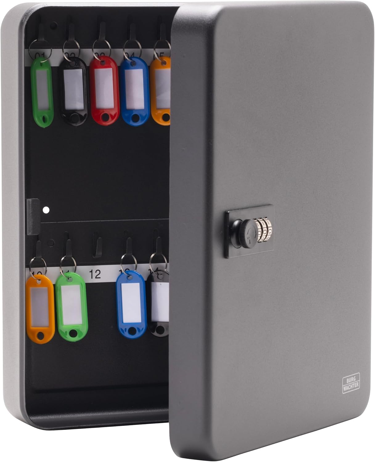 Burg Wachter KC36C Wall Mountable Combination Cabinet with 36 Hooks-Matt Black-with Coloured Key Tags