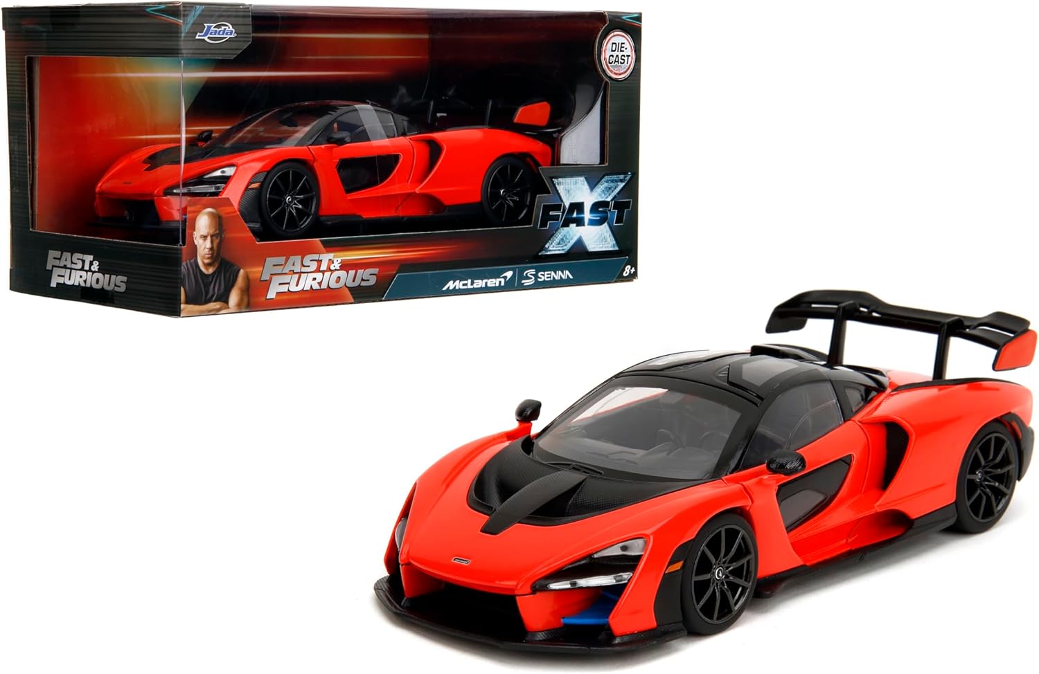 Jada Toys McLaren Senna - Fast & Furious 1:24 Scale Die-Cast Vehicle – Detailed Interior, Opening Hood, Doors, and Trunk – Collectible Model Car for Ages 8+ - Orange/Black