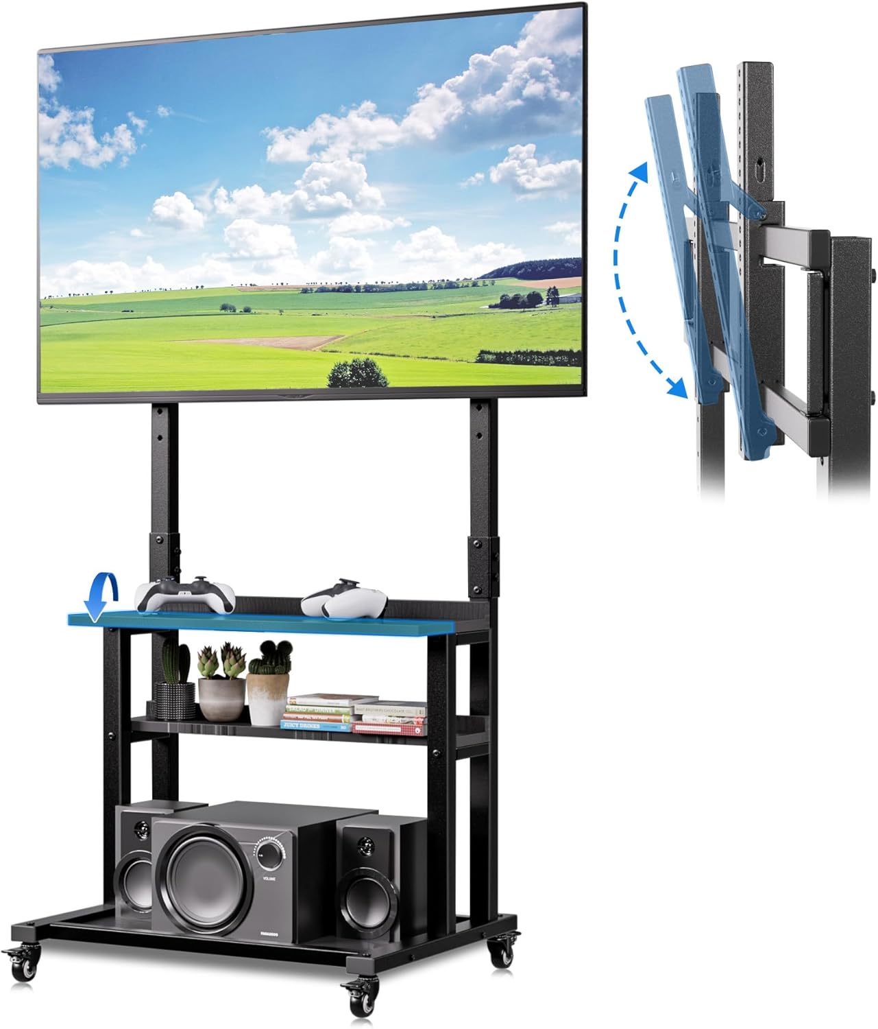 Rolling TV Stand with Large Storage and Foldable Table, Tall TV Stand with Lockable Wheels, TVs Under 75 inches, Height Adjustable, Entertainment Center for Outdoor, Bedroom, Living Room and Office