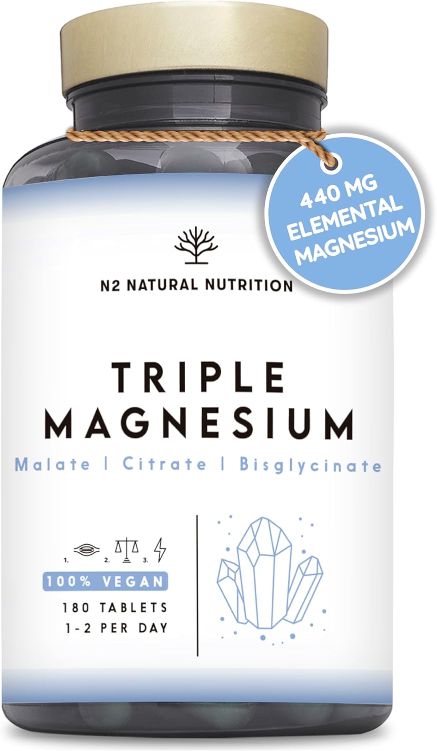 Triple Magnesium Glycinate 3-in-1 (6 Months) 2640 mg Magnesium, Synergistic Complex with Malate, Citrate, Bisglycinate for Sleep, Energy, Muscles and Bones. 180 Tablets. N2 Natural Nutrition