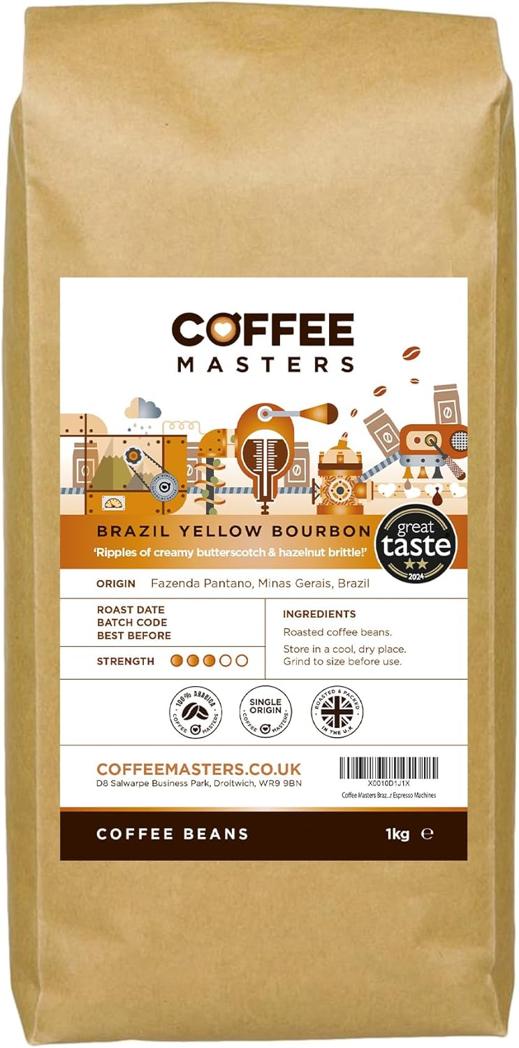Coffee Masters Brazil Yellow Bourbon Coffee Beans 1kg - Single Origin 100% Arabica, Heavy Bodied Creamy Espresso - Brazilian Bean for Barista Machines - Great Taste Award Winner 2024