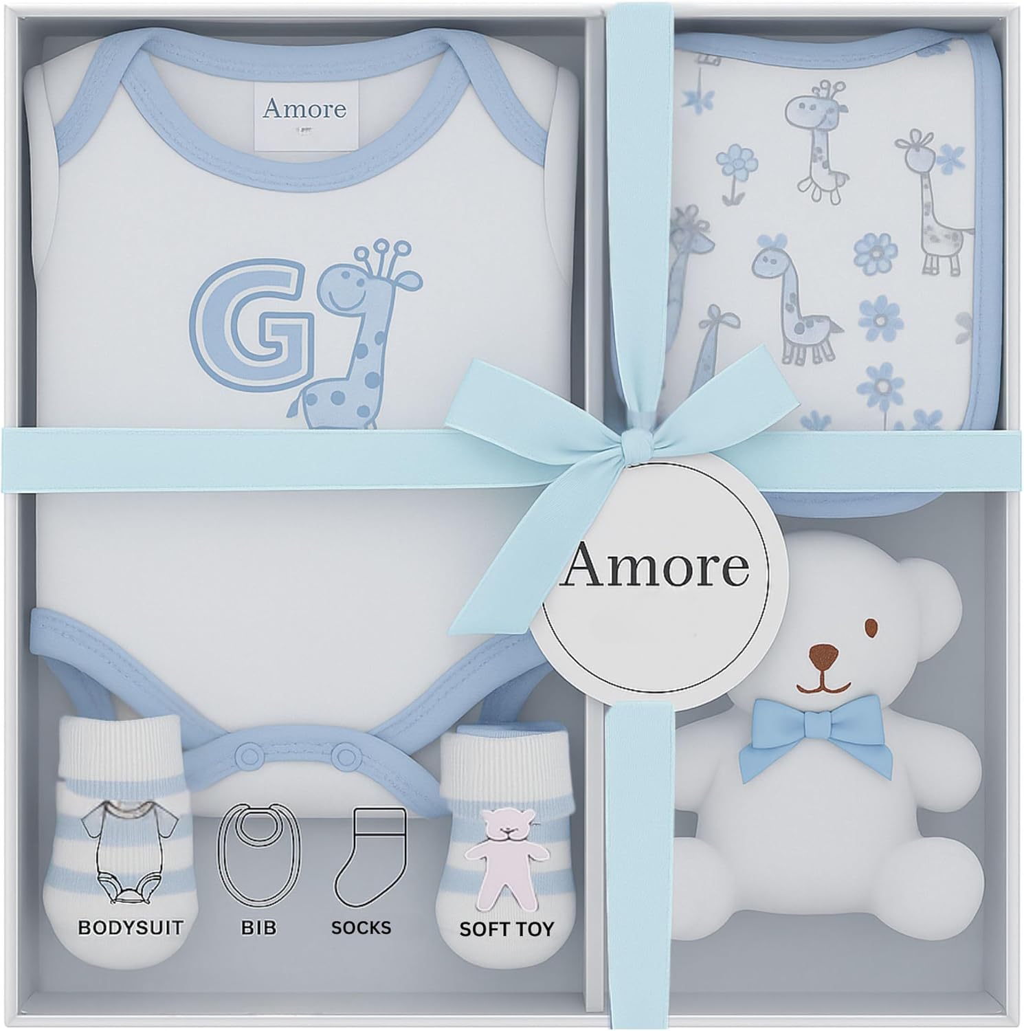 Newborn Baby Gift Set for Boys – 4 Piece Blue Baby Gift Box with Bodysuit, Bib, Socks & Soft Toy – Newborn Essentials for Baby Shower Gifts, Baby Boy Gifts, New Baby Gift Hamper (Blue)