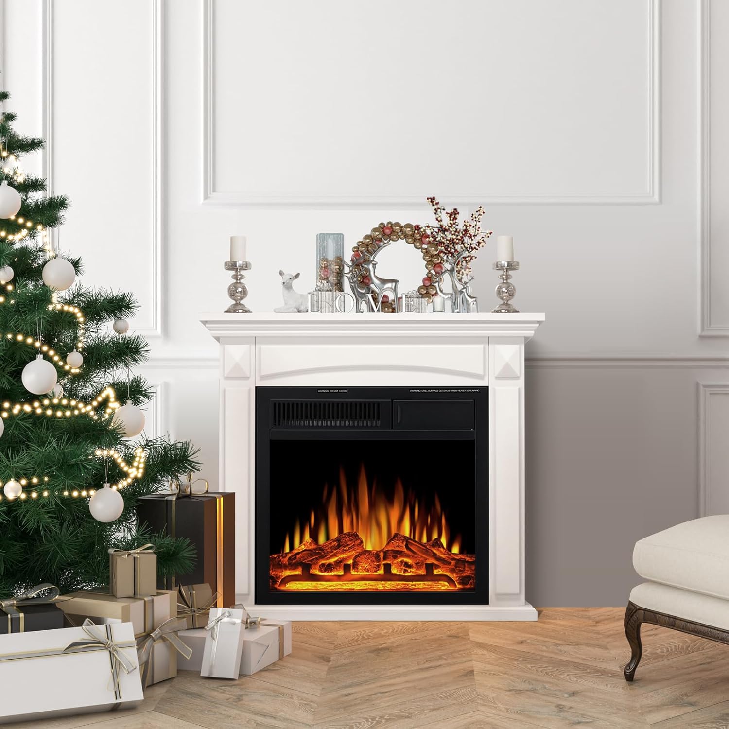 R.W.FLAME 27” Electric Fireplace Mantel Wooden Surround Firebox, TV Stand with Freestanding Electric Fireplace, Remote Control, Adjustable Led Flame, 750W/1500w White
