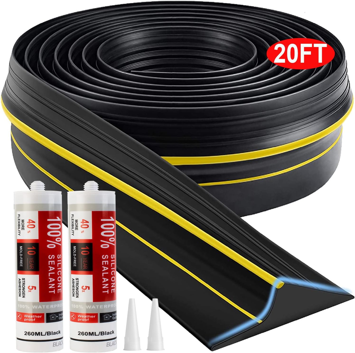 Jin&Bao Universal Garage Door Threshold Seal Strip 20FT Kit, Bottom Waterproof Rubber Weather Stripping Replacement（Yellow, 2 Adhesive）
