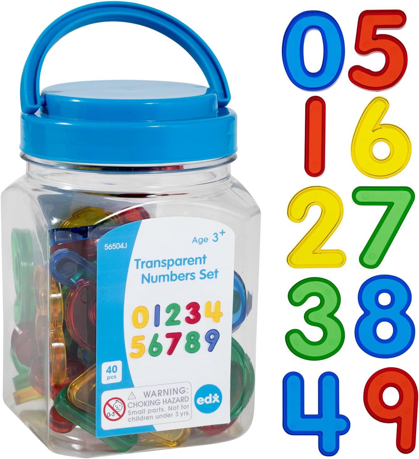 edxeducation Transparent Numbers Set - Mini Jar - Set of 40 - Colourful Plastic Numbers - Light Box Accessory - Sensory Play - Maths Manipulative for Kids