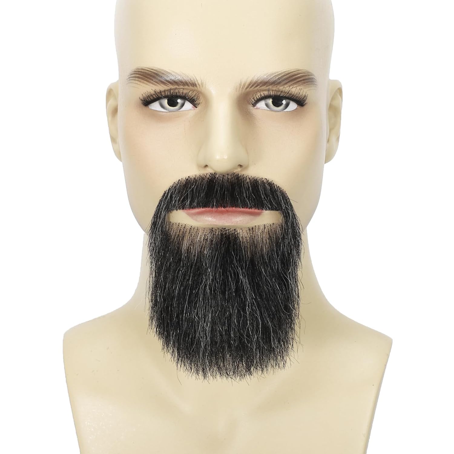 Fake Mustache and Goatee 100% Human Hair Lace Base Hand Knotted Realistic Extended Beard Fake Facial Hair for Cosplay Halloween Costume (BLACK)