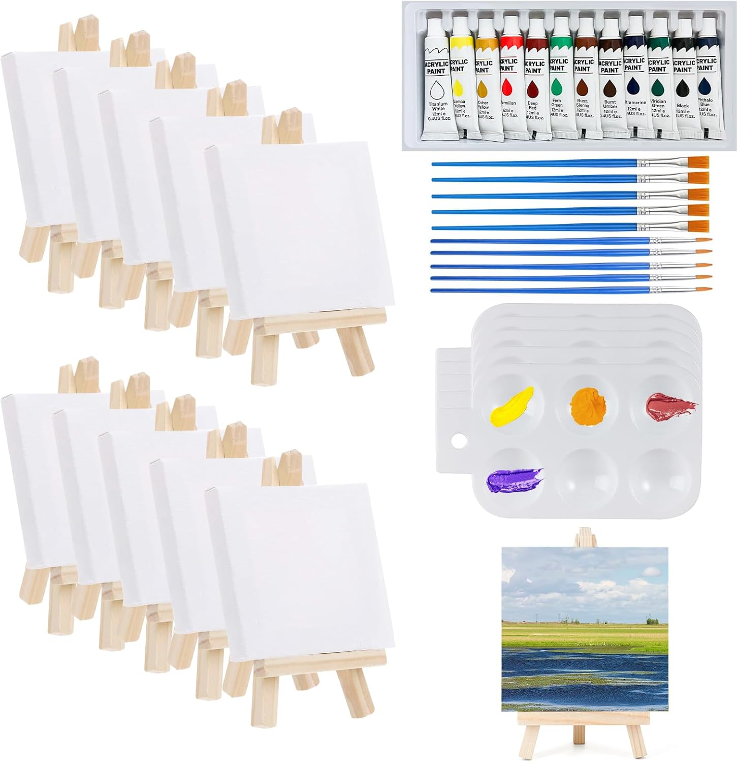 TOPBELIEF 10Pcs Mini Canvas and Easel Set，Small Canvases for Painting,Mini Easel,with 12 Colors of Paint, Paint Brushes, Rectangular Palette for Drawing, Oil Painting, Tabletop Art Crafts, Artist