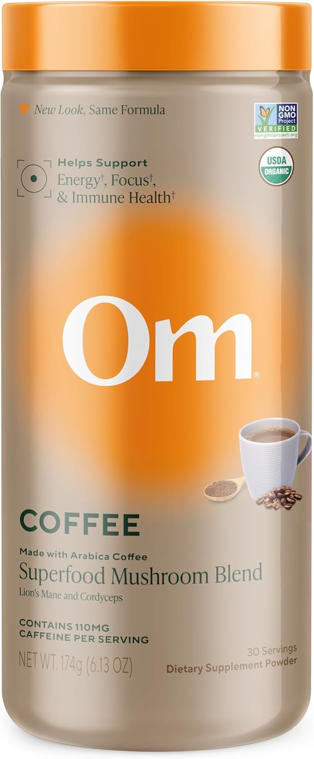 OM MUSHROOM SUPERFOOD Instant Coffee – Organic Arabica with Lion’s Mane, Cordyceps, Reishi, Turkey Tail & Ginkgo for Energy, Focus & Clarity – 6.24 oz Canister, 30 Servings