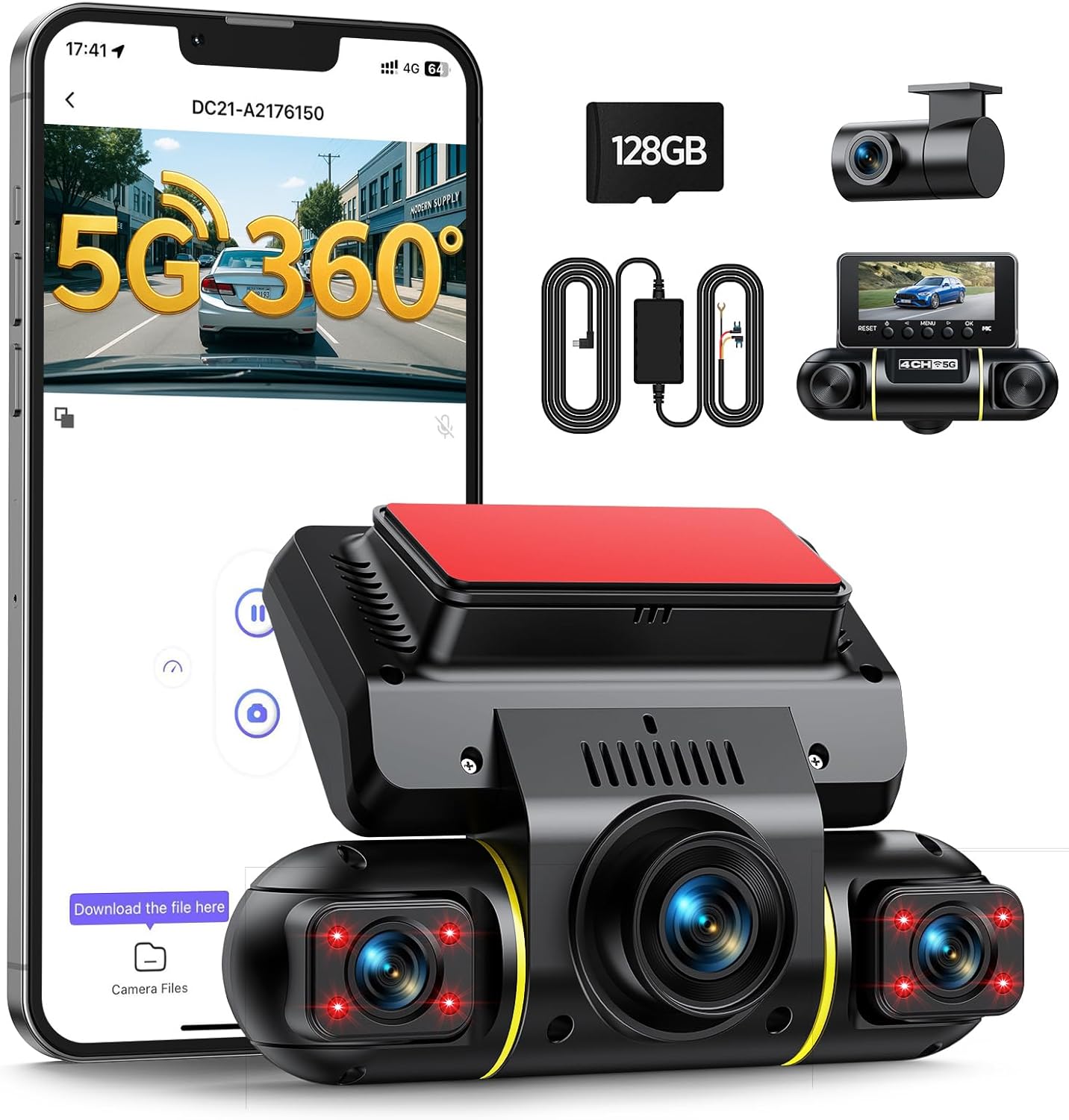 LAMTTO 360 Degree View 4 Channel Dash Cam Front and Rear Inside 5G WiFi Dash Camera for Cars APP Control 8 IR Night Vision Parking Monitor Emergency Recording 128G SD Card Included