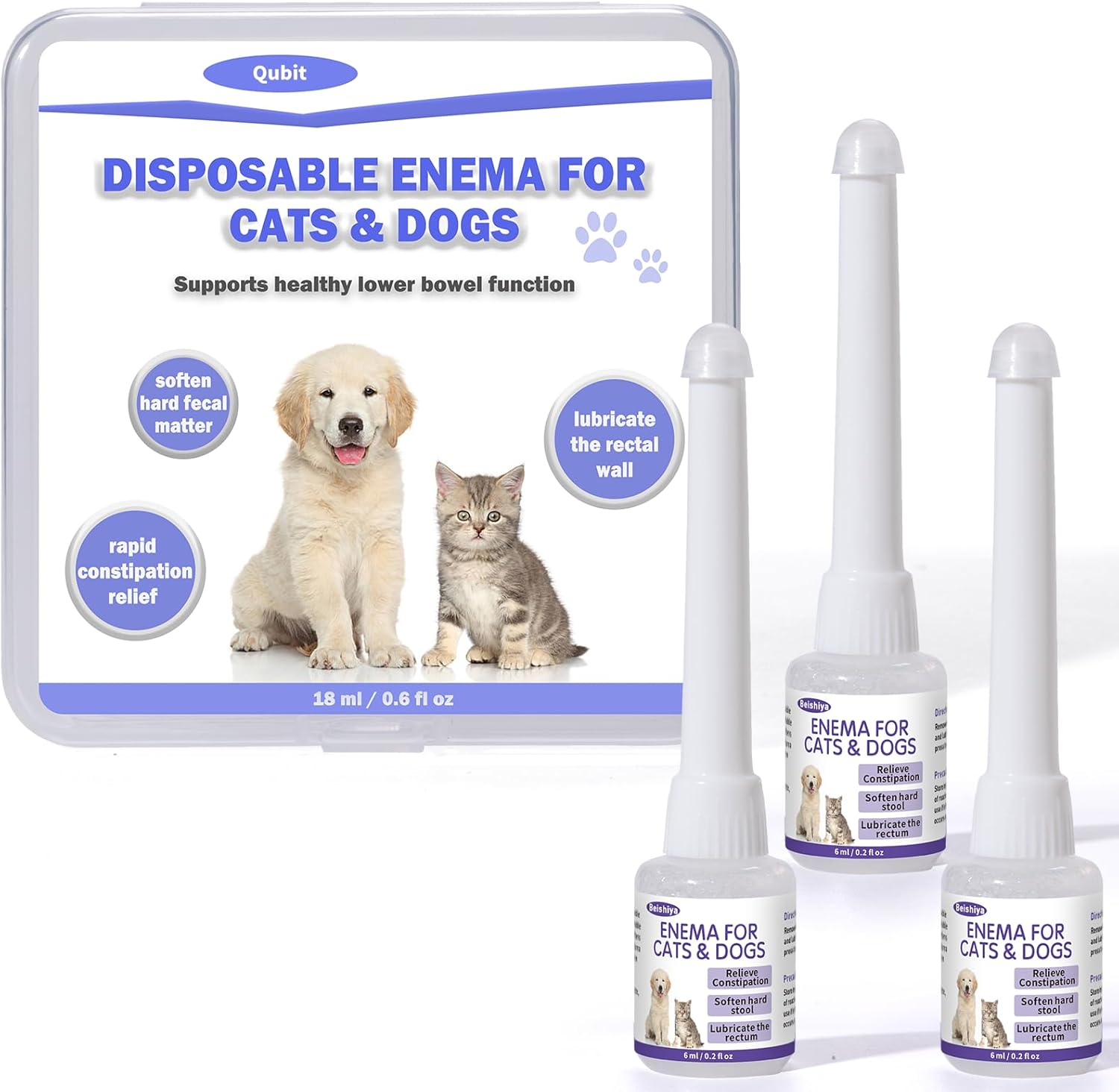 QUBIT Disposable Pet Enema for Cats & Dogs – Rectal Gel to Soften Stool, Stimulate Bowel Movements & Relieve Constipation – Eases Painful Elimination – 6 mL Syringe (3-Pack)