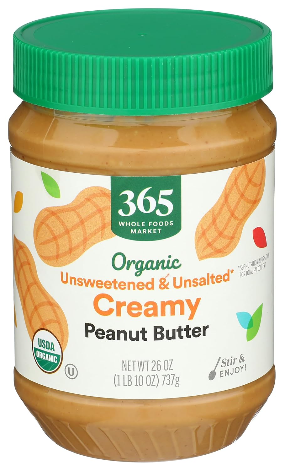 365 by Whole Foods Market, Organic Creamy Unsweetened No Salt Peanut Butter, 26 Ounce