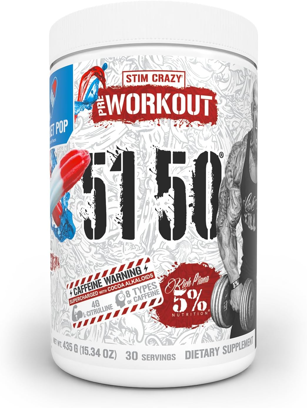 5% Nutrition Rich Piana 5150 High Stim Pre-Workout Powder | Extreme Energy, Focus, Pumps & Endurance | 400 mg Caffeine, Citrulline, Beta Alanine, N-Acetyl L-Tyrosine | 30 Srvgs (Rocket Pop)