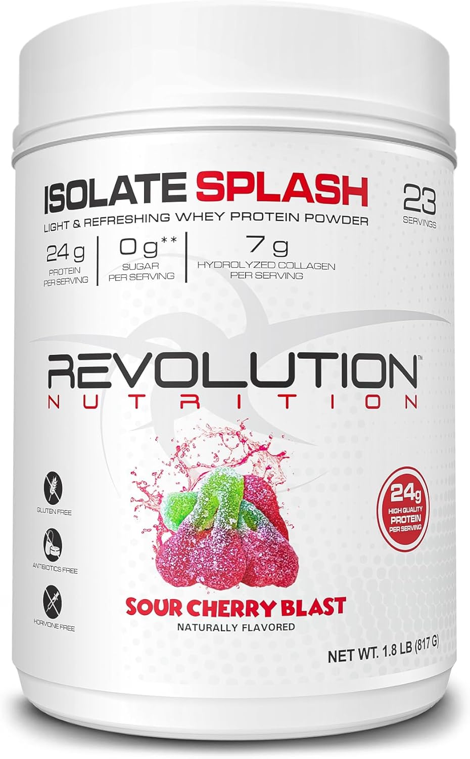 Isolate Splash, Clear Whey Protein Powder, Juice-Type Protein, Candy Flavour, Collagen, 24g of Protein Per Scoop, Zero Sugar, 817g, 23 Servings (Sour Cherry, 1.8 Pound)