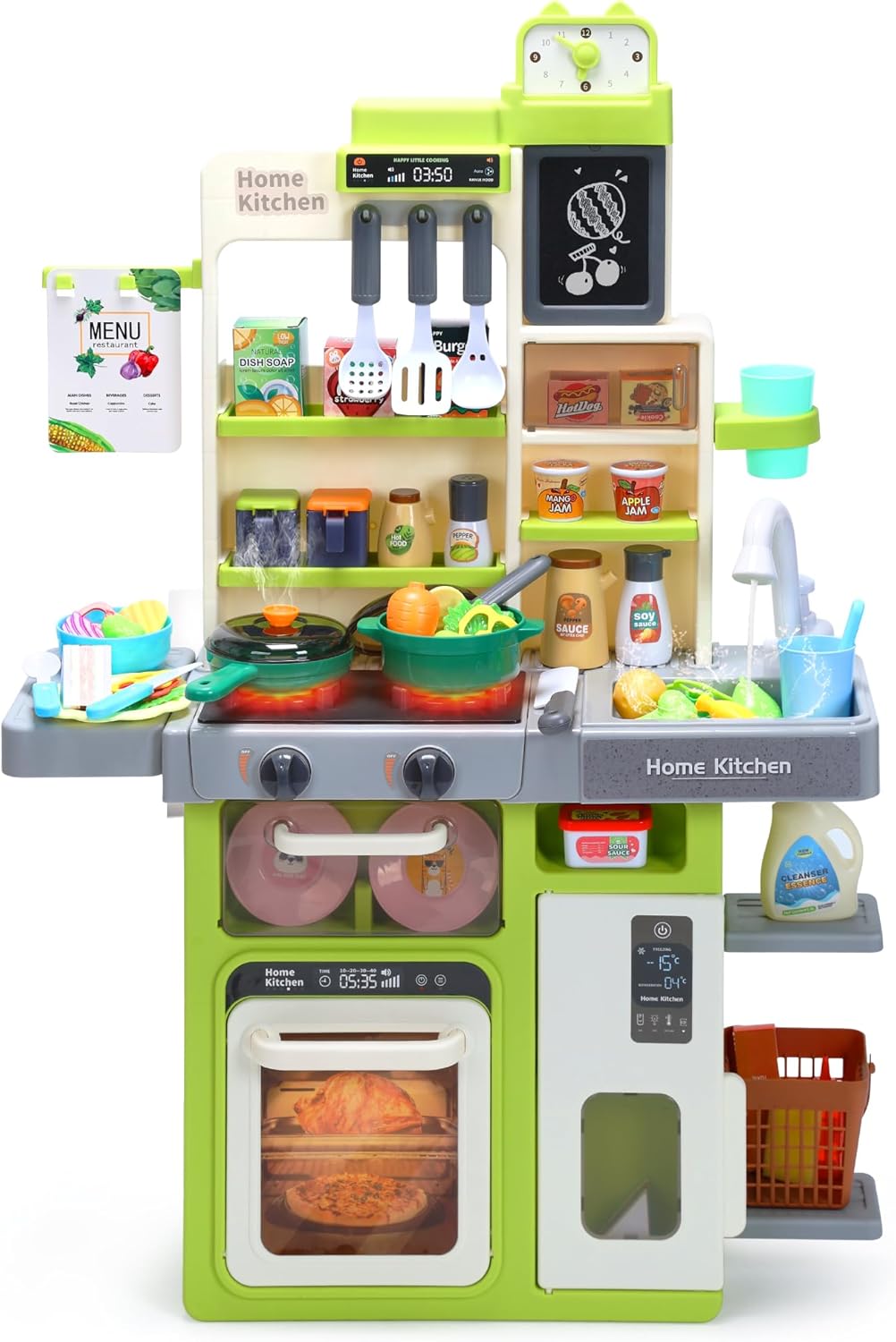 HOLYFUN Kids Kitchen Playset, Pretend Play Kitchen with Sounds and Lights, Cooking Stove Steam,Play Sink and Play Food,Toy Kitchen Set for Kids Toddlers, Green