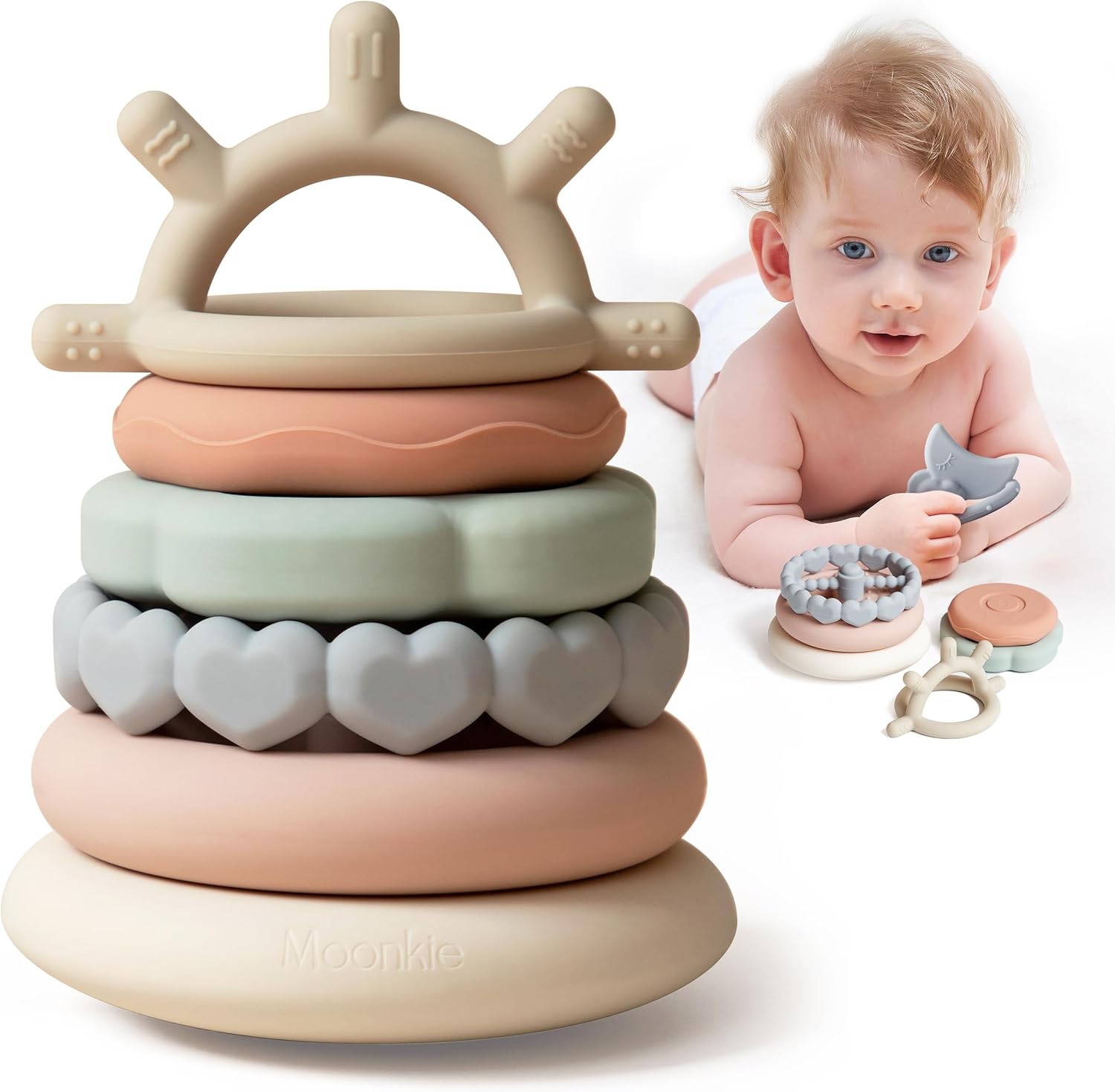 Moonkie Stacks of Circles Soft Teething Toy Educational Learning Stacking Ring Toys for Babies, 7 Piece Set