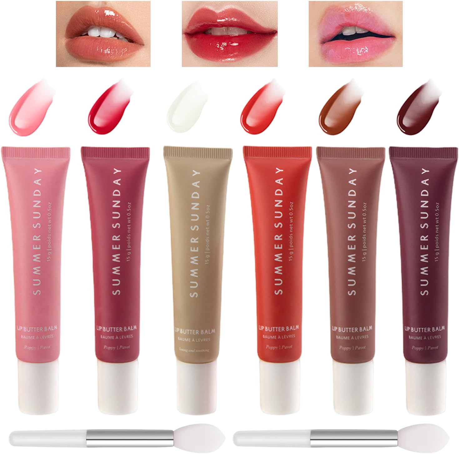 6 PCS Lip Oil, Lip Balm Set, Summer Lip Butter Balm with 2 Lip Brushes-Vegan Formula Moisturizing Lip Mask for Instant Hydration and Long-Lasting Nourishment