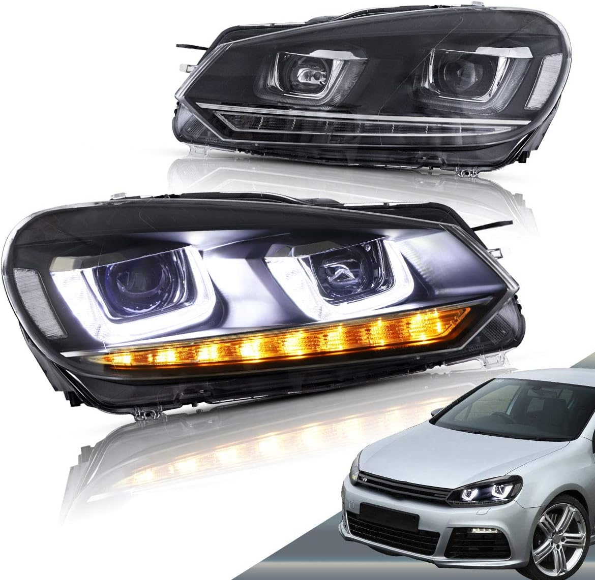 VLAND LED Headlights Compatible with Golf 6 MK6 2010-2014 with Sequential (Not fit GTI Model) YAA-GEF-0197A