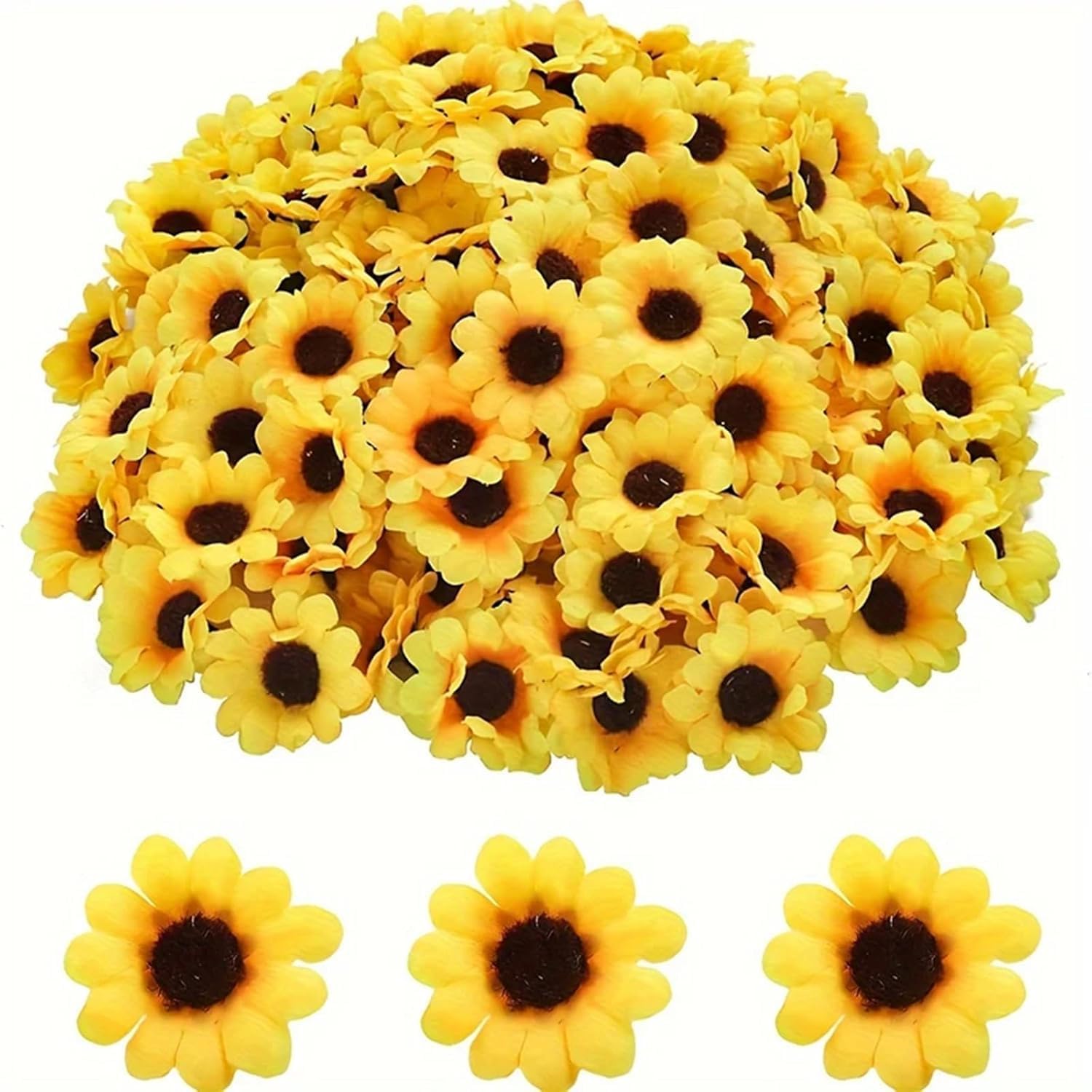100 Pcs Sunflowers Artificial Flower Heads, Yellow Mini Fake Sunflowers Decorative Fabric Flowers Craft Floral Embellishments Silk Sun Flower Head Decorations DIY Wedding Floral Home Decor