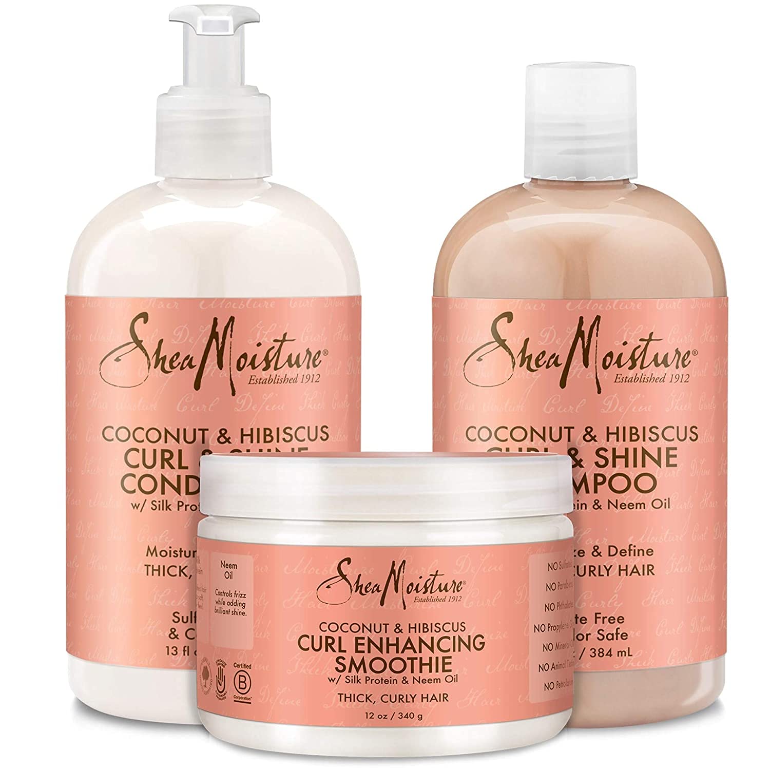 SheaMoisture Coconut & Hibiscus Curl Trio: Includes Curl & Shine Shampoo and CONDITIONER, Curl Enhancing Smoothie with Box
