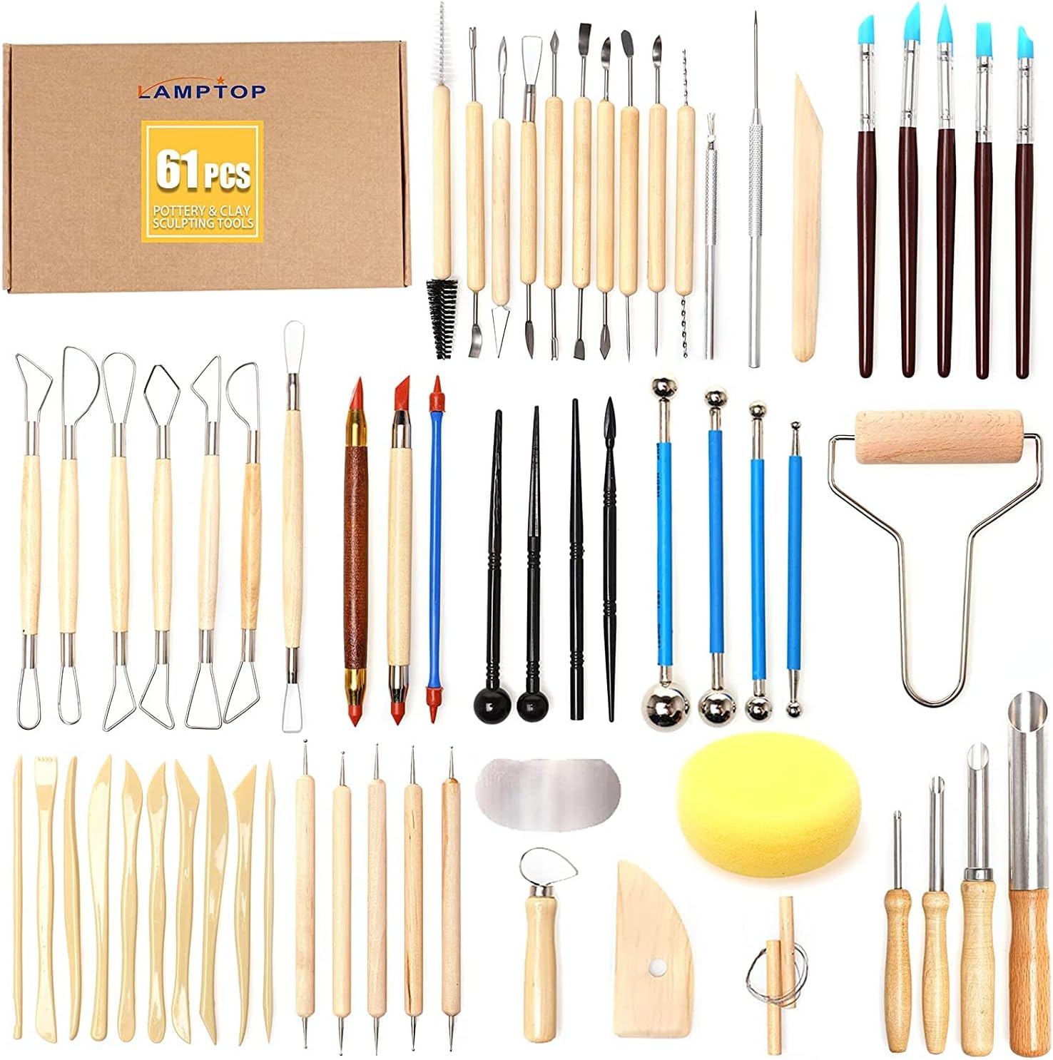 LAMPTOP 61Pcs Pottery Ceramic Tools & Polymer Clay Sculpting Tools Set for Pottery Modeling Clay Tools and Carving, Air Dry Clay Tools