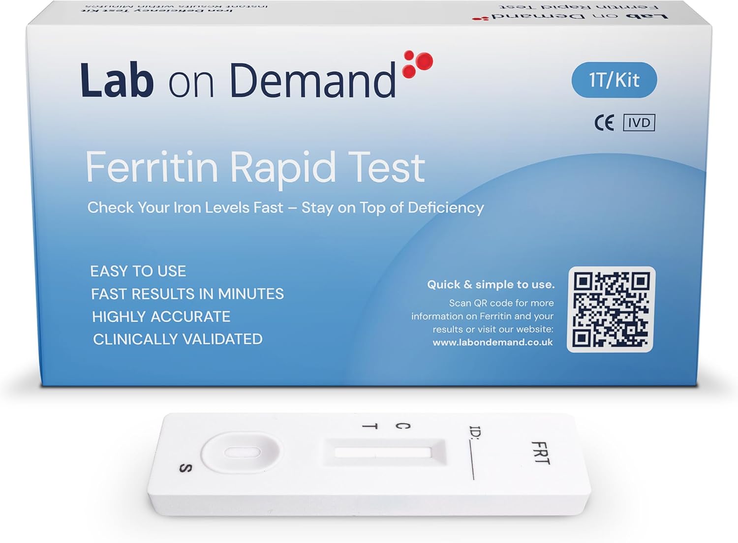 Lab on Demand Ferritin Test, 1T Kit - Accurate and Easy to Use Home Iron Deficiency Test Kit - Rapid Results in Minutes, Clinically Validated & CE-Certified - Includes QR Code for Instructions