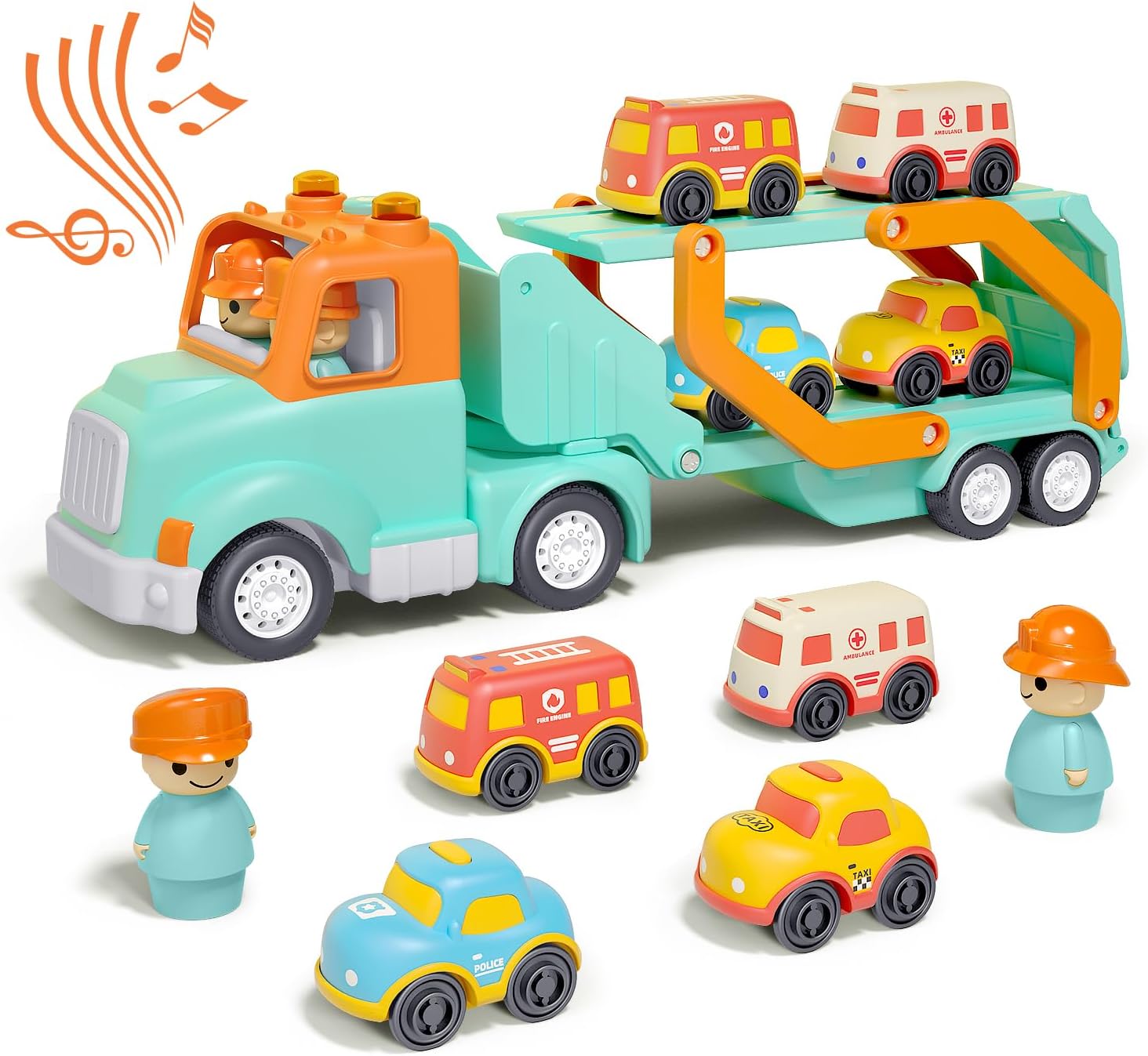Transport Car Carrier Truck Toys for 2 3 4 5 Years Old Kids, 24 inches Foldable Track Trailer with Light & Sound Effects, 4pcs Small Car Toys, Best Gift Choice for Christmas, Birthday