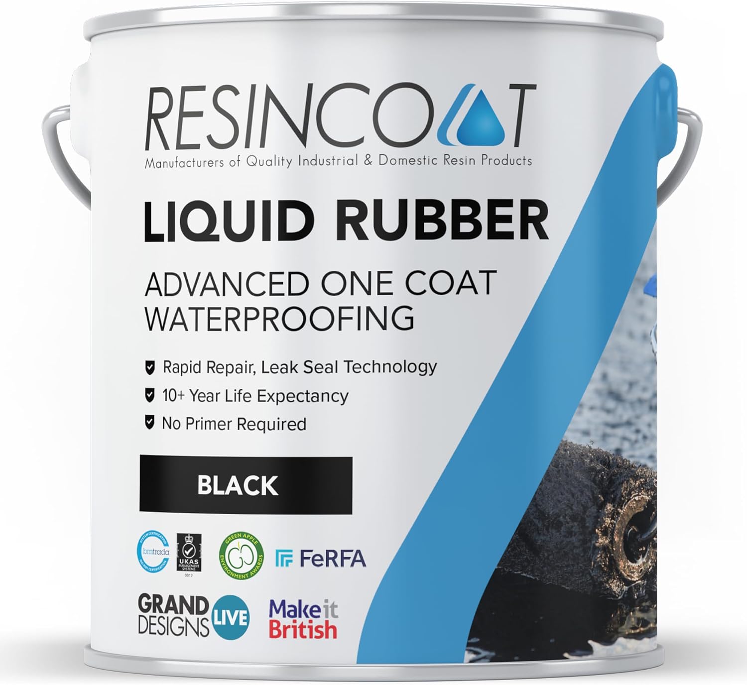 Resincoat Liquid Rubber Roof Coating, Waterproof Sealant for Roofing, DIY Friendly Repair, Quick Drying Leak Seal Technology, Long-term Performance, One-Coat Outdoor Roof Paint, Black, 5 Litres