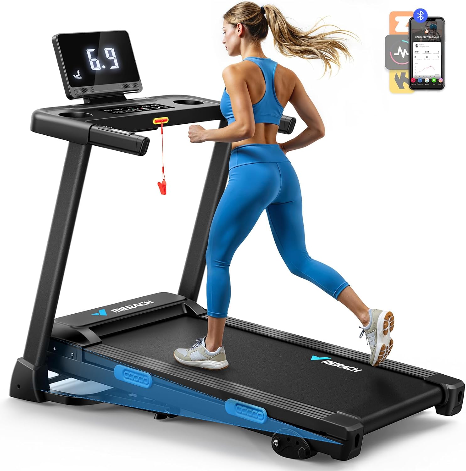 MERACH Foldable Treadmill with Incline, 7.5MPH Quiet Treadmills for Home with Double Deck Technology, 4 Silicone Shock Cushion, Heart Rate Monitoring,16.5" Wider Belt, APP, 300LBS Capacity