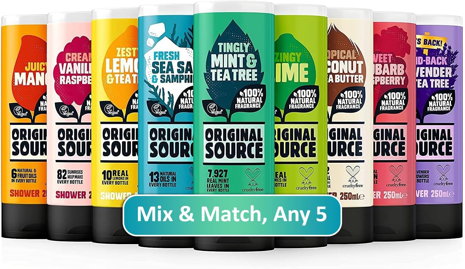 Original Source Shower Gel Bundle Mix & Match Any (5 x 250ml) | 100% Natural Fragrance, Vegan, Cruelty Free, Paraben Free