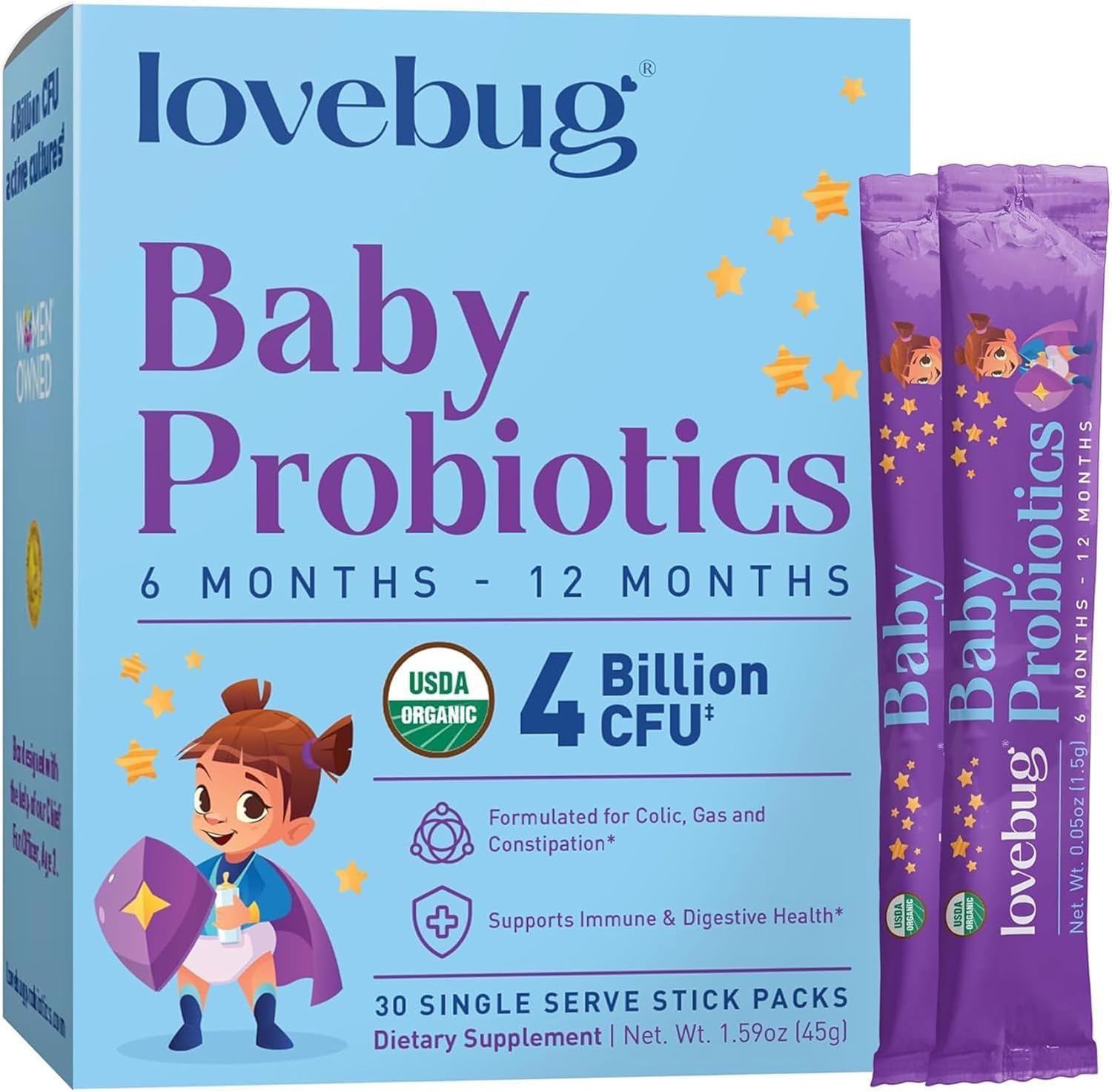 Lovebug Award Winning USDA Organic Probiotic for Babies | Multi-Strain 4 Billion CFU | Easy-to-Take Powder | Sugar Free | Ages 6-12 Months | 30 Packets