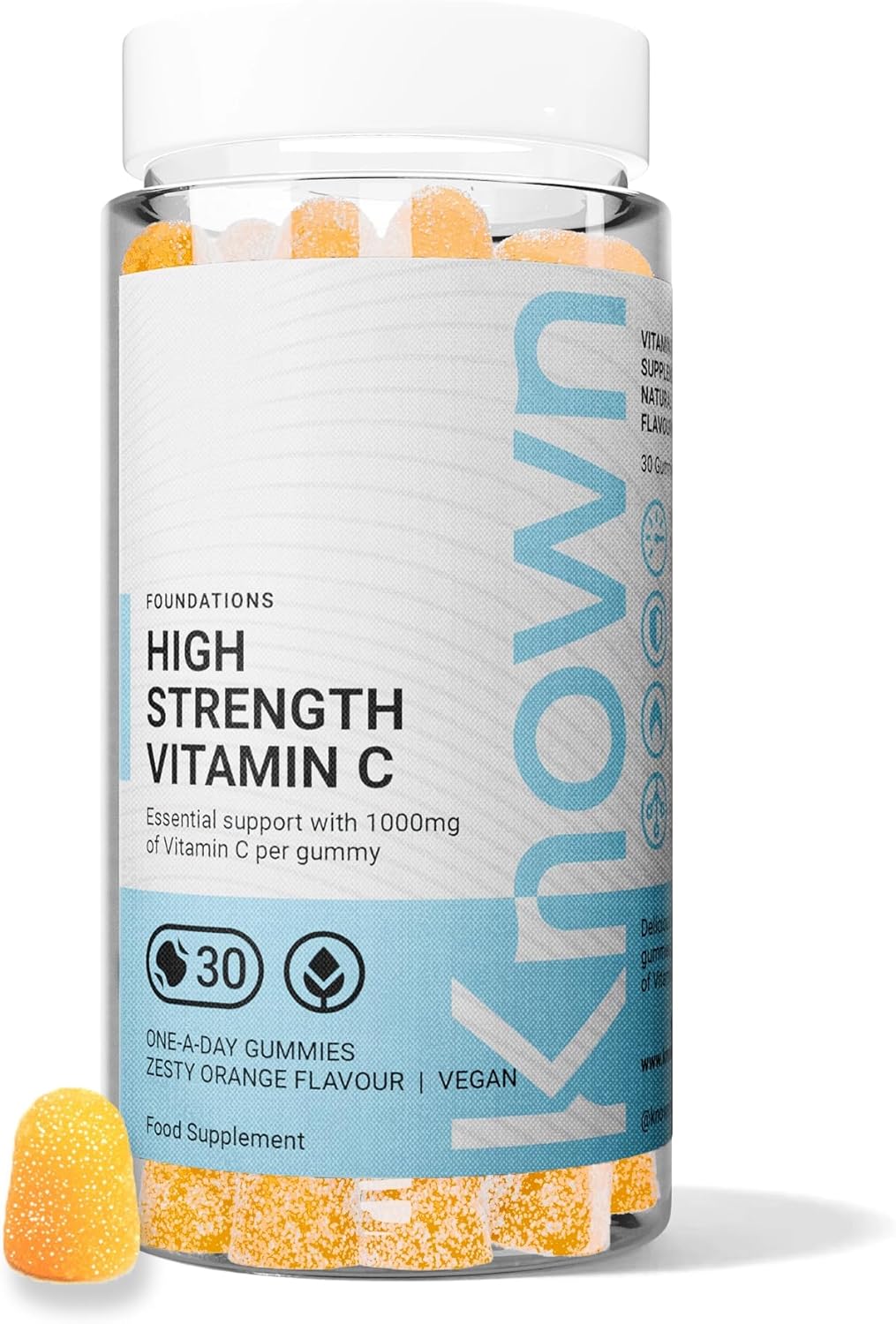 Known Tasty High-Strength Vitamin C Gummies - 1000mg Vitamin C for Collagen & Energy - Natural Zesty Orange Flavour - 30 Vegan Gummies, 1 Month Supply