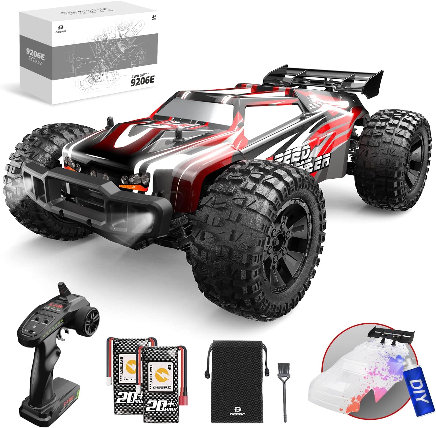 DEERC 9206E 1:10 RC Car, Fast 4WD Off-Road Remote Control Truck with Extra Shell & 2 Batteries, 40+ Min Play, Hobby Toy Gift for Adults and Kids