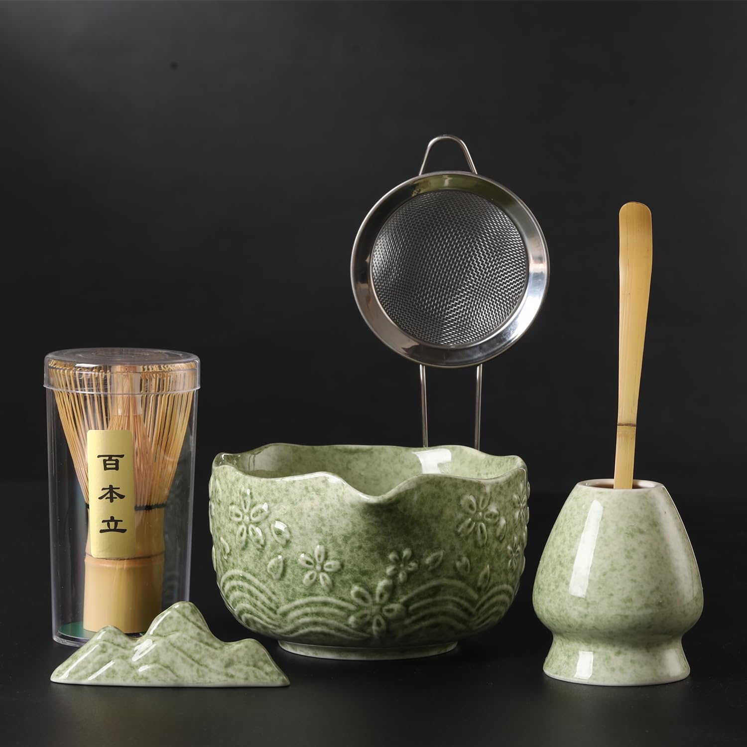 Matcha Whisk Set - 6 Pcs Matcha Set，Handcrafted Bamboo Chasen & Ceramic Bowl Matcha Kit,with Stainless Steel Sifter, Bamboo Scoop & Holder for Matcha Tea Ceremony (Mottled Green)