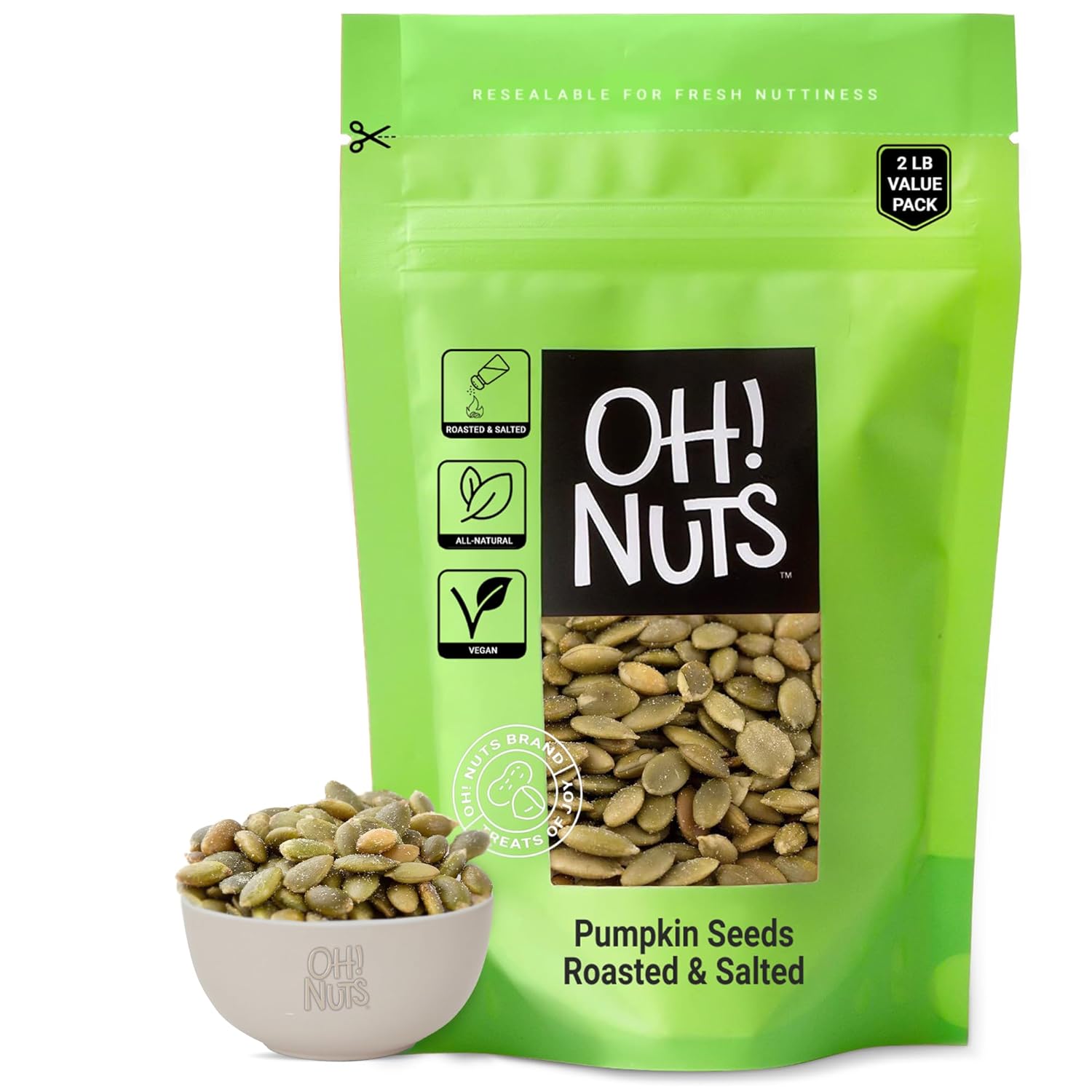 Oh! Nuts Pumpkin Seeds - Roasted Salted - 2 lb - No Shell Pepitas - Packed in New York Zip-Seal Bag for Exceptional Freshness