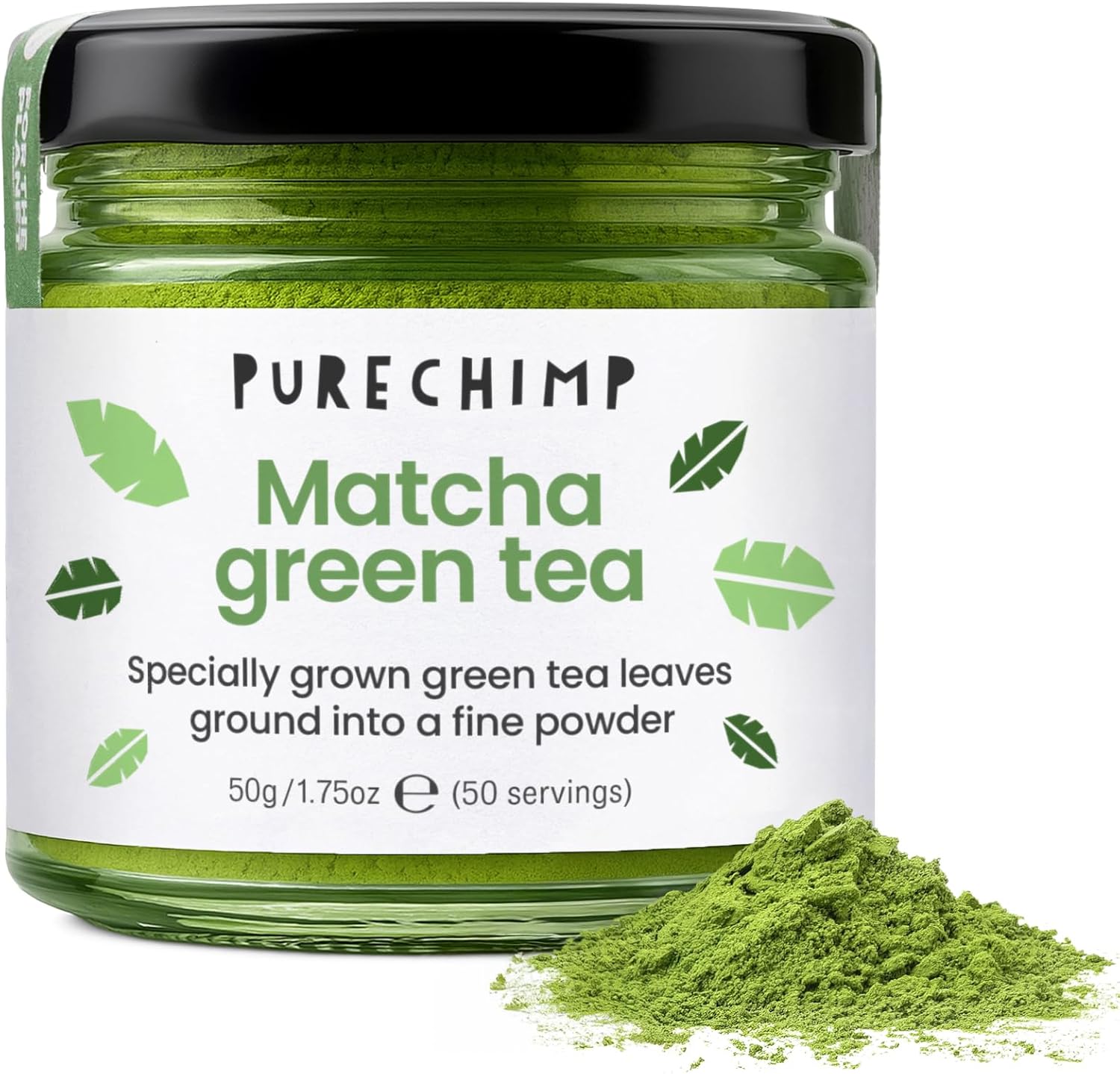 PureChimp Ceremonial Grade Matcha Powder 50g. 100% Pure Green Tea. Shade-Grown for MatchaLatte, Teas & Recipes. Recyclable Glass Jar. Antioxidant-Rich.