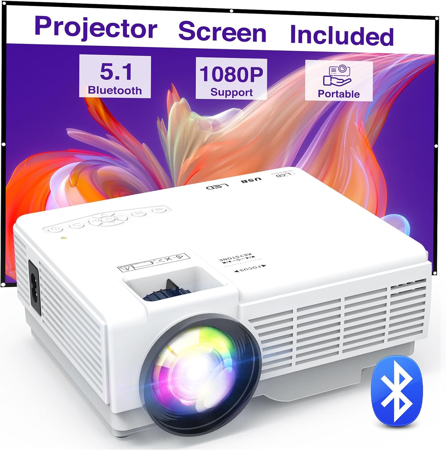 Manyaming Mini Projector Portable with Screen, YOOYAA Bluetooth Projector Full HD 1080P 10000L, Outdoor Home Cinema Video Projector, 50% Zoom, Compatible with Smartphone/Laptop/TV Stick