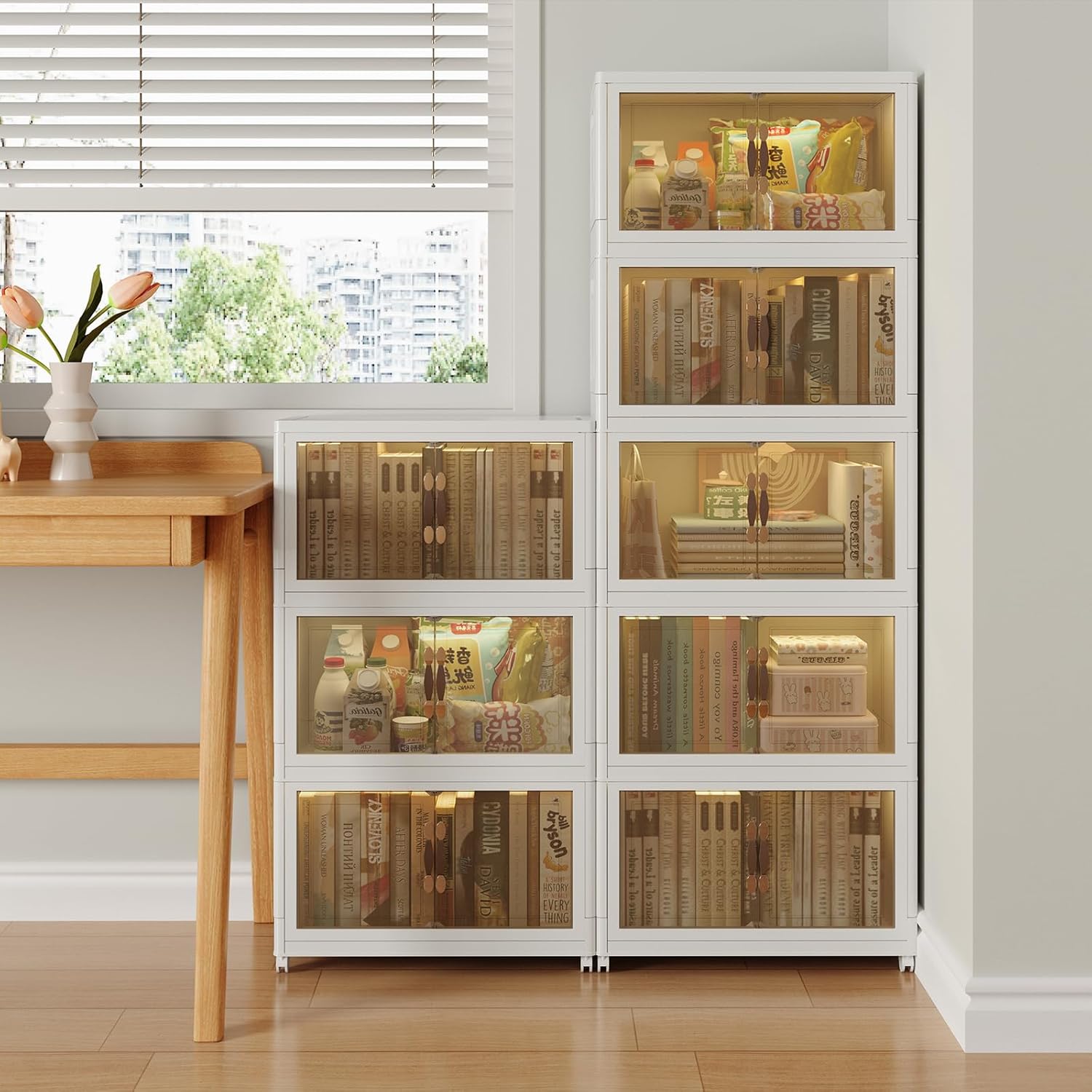 Abyssaly Stackable Plastic Storage Boxes with Lids, Foldable White Storage Box on Wheels, Large Collapsible for Bedroom, Wardrobe, Clothes, Toys 3Pack/60L