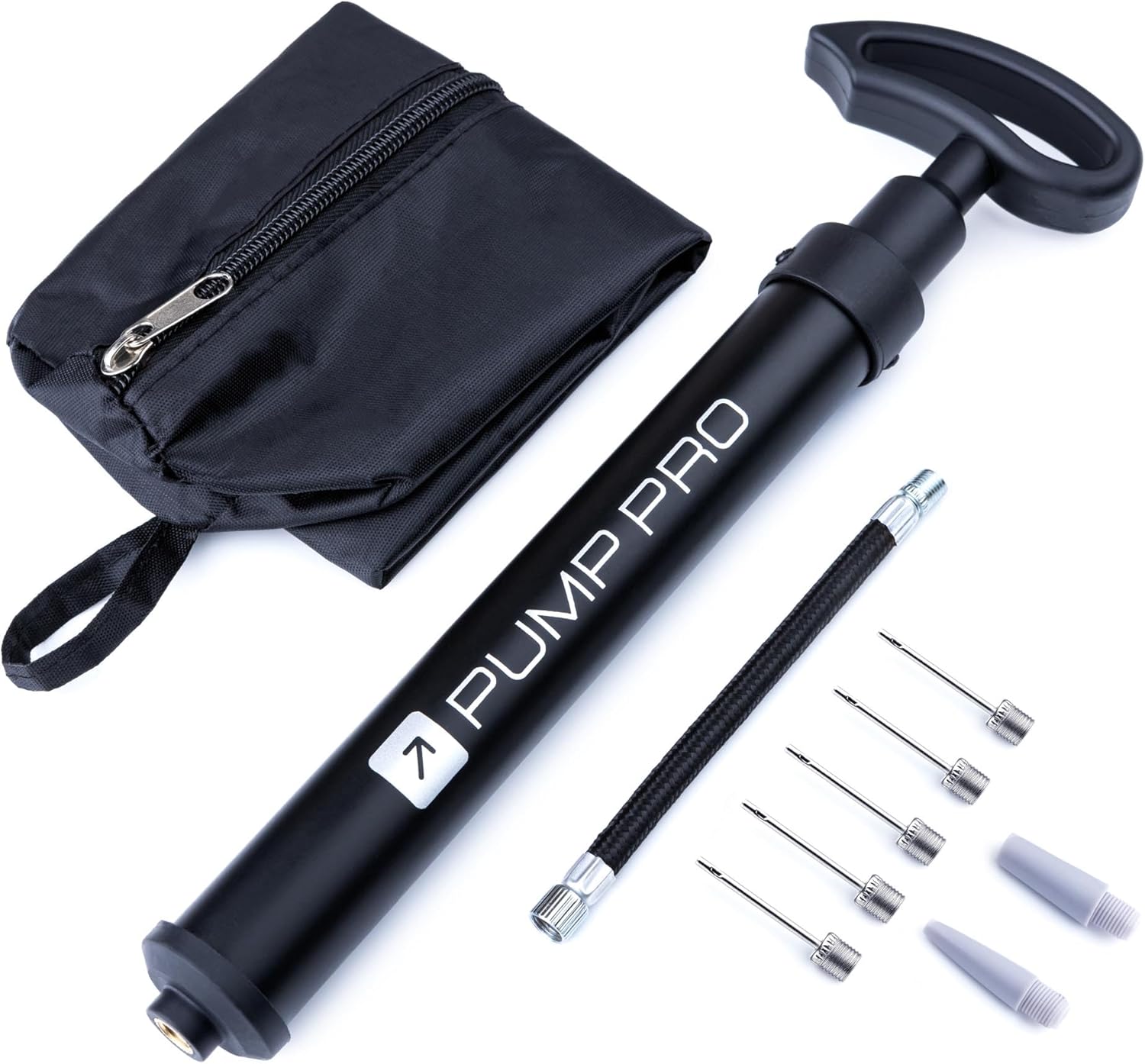 PUMP PRO Ball Pump with Needles, Hose, Adaptors & Bag | Fast Hand Air Pump for Football, Basketball, Rugby, Bike, Balloons, Volleyball, Netball, Soccer & Inflatables | Mini Portable Valve Inflator