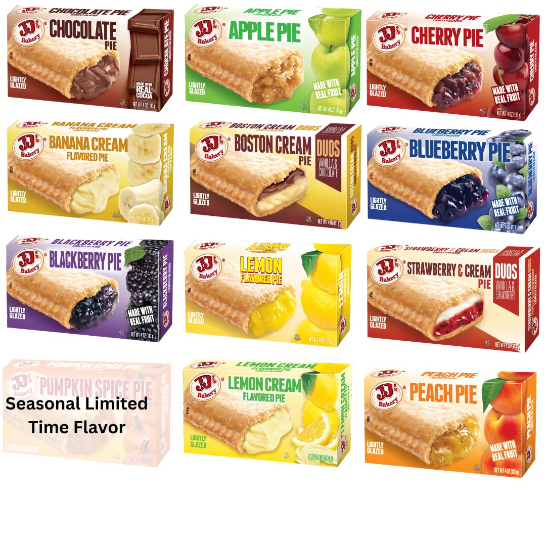 JJ's Bakery Snack Pie Variety Pack – Fresh Baked Fruit Pies Apple, Cherry, Chocolate, Lemon, Peach, Pie Crust Nut-Free Individually Wrapped Dessert Snacks, Kosher Parve, 4 oz Each (Pack of 12)