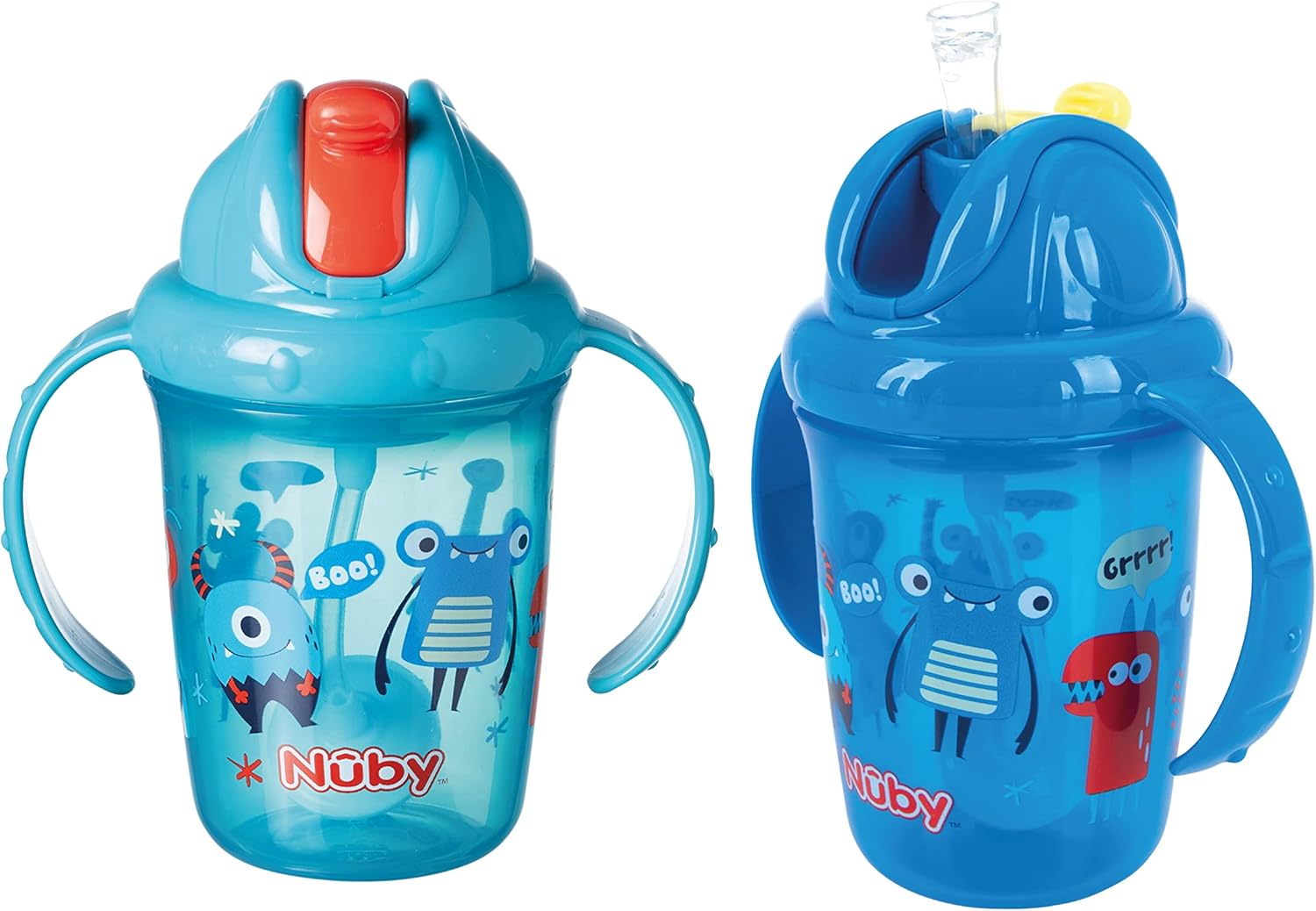 Nuby Flip N Sip Water Bottle - No Spill Sippy Cup | 240ml / 8oz | Twin Handle | Weighted Straw | Dishwasher Safe | Suitable Beaker for 6 Months Plus (Pack of 2), 048526890439