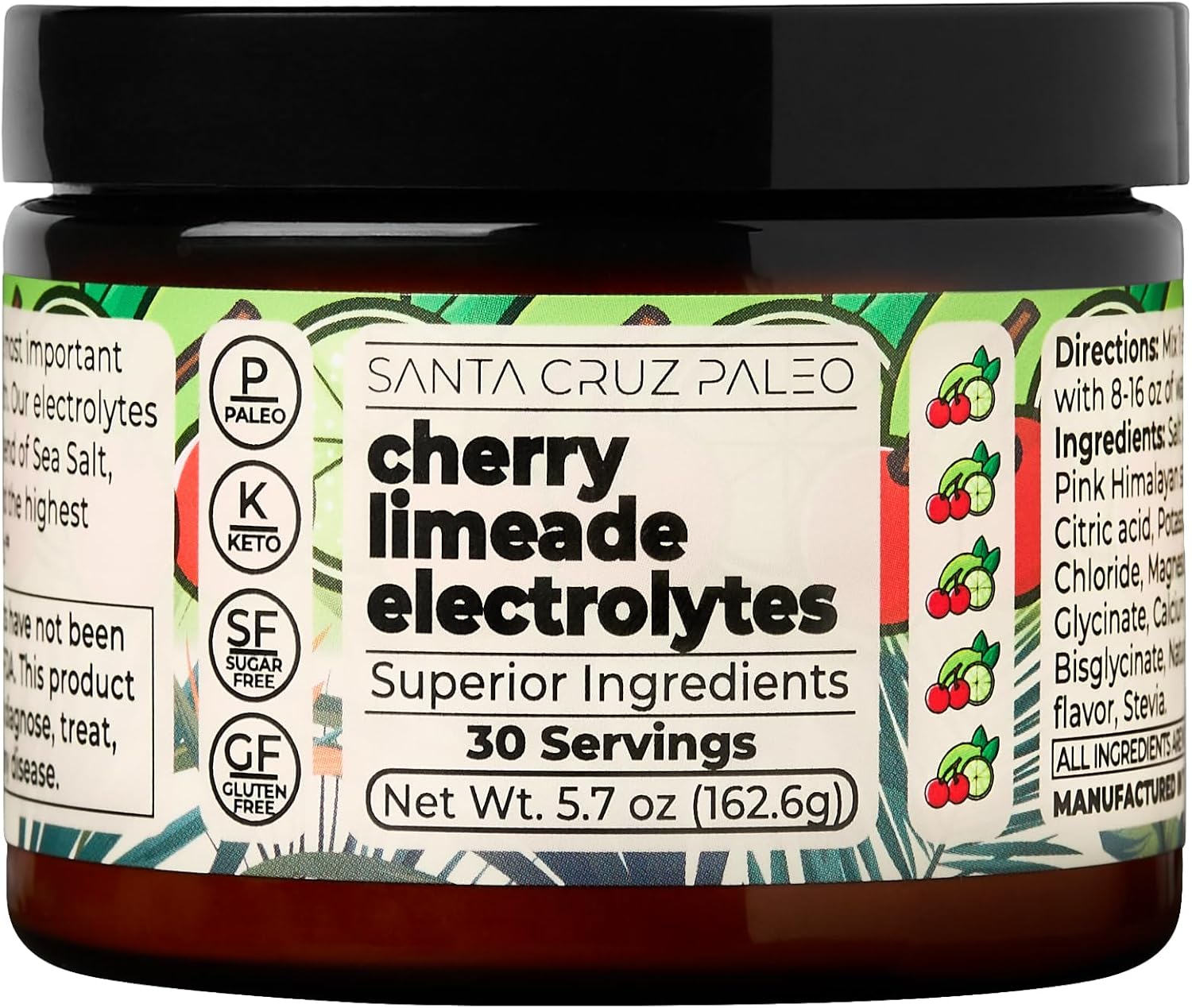 Santa Cruz Paleo Electrolyte Powder Jar Cherry Limeade with Himalayan & Sea Salt, Magnesium, Potassium, Sugar-Free, 30 Servings