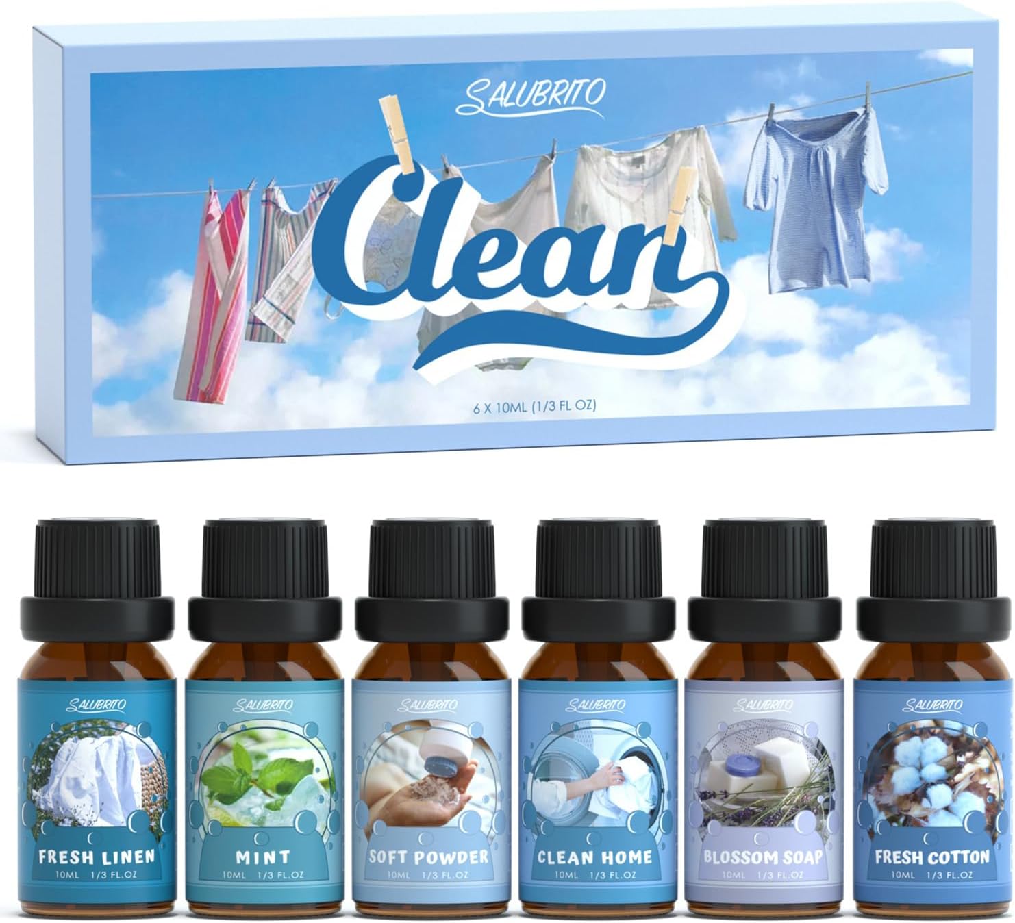 SALUBRITO Clean Essential Oils Set, Fresh Cotton, Clean Home, Fresh Linen, Soft Powder, Blossom Soap, Mint Scented Oils for for Diffuser, Candle, Soap Making, Premium Fragrance Oils, Diffuser Oils