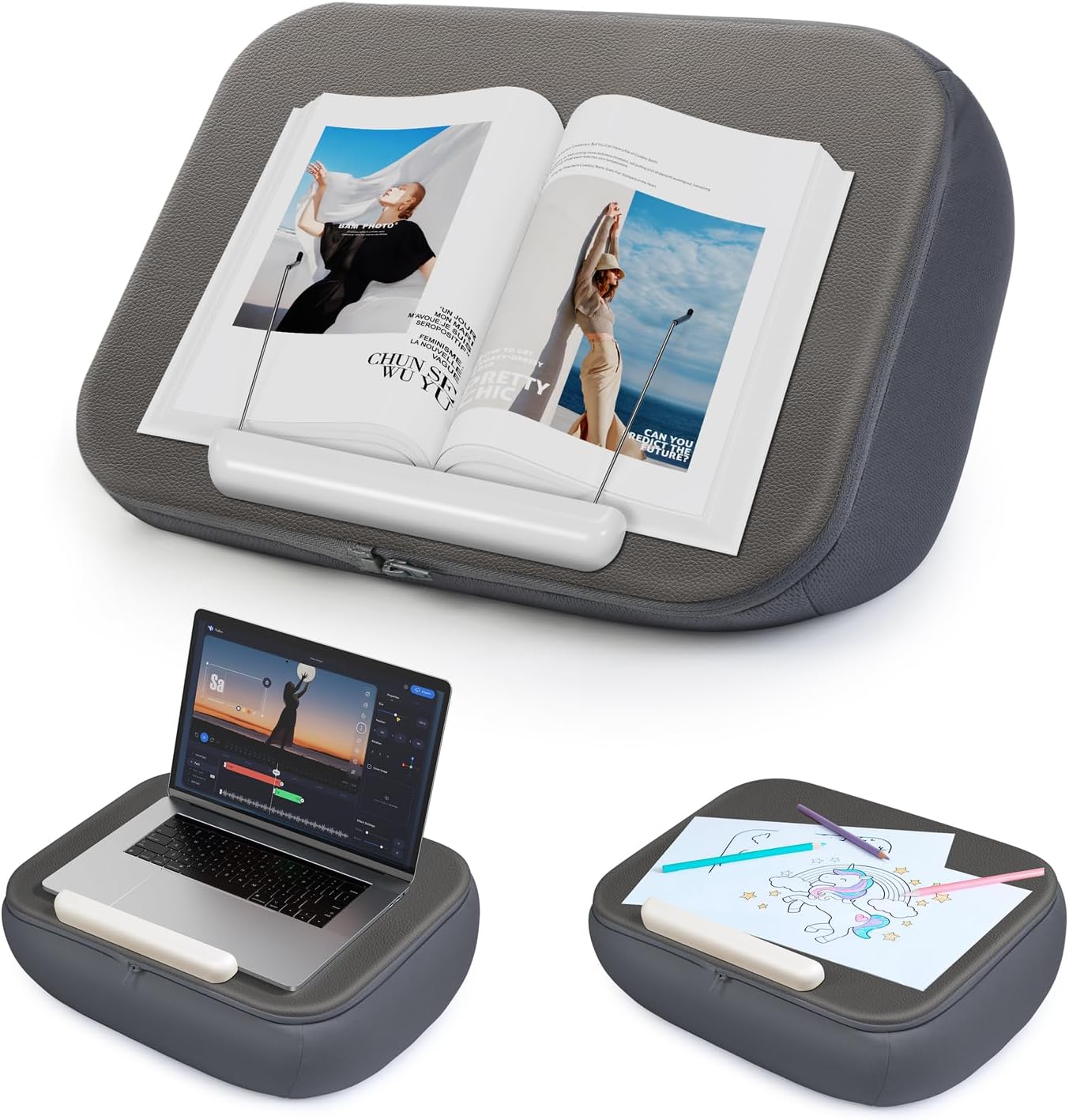 elitehood Bean Bag Laptop Lap Desk, Soft Cushion Stand for Book, Laptop, Tablet, Book Pillow Holder for Reading in Bed, Lap Desk Ideal for Working, Writing and Relaxation on Bed, Couch, Recliner, Gray