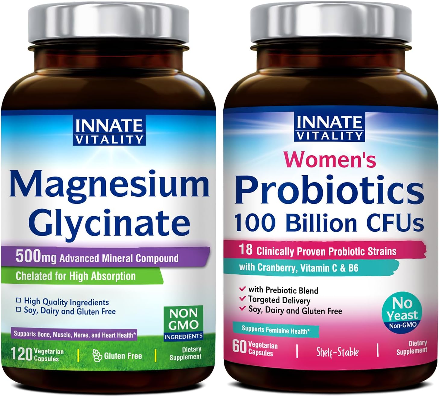 Innate Vitality Magnesium Glycinate & Women's Probiotics Bundle, Non-GMO, No Gluten Dairy Soy & Vegan, Magnesium (120 Caps) & Probiotic (60 Caps)