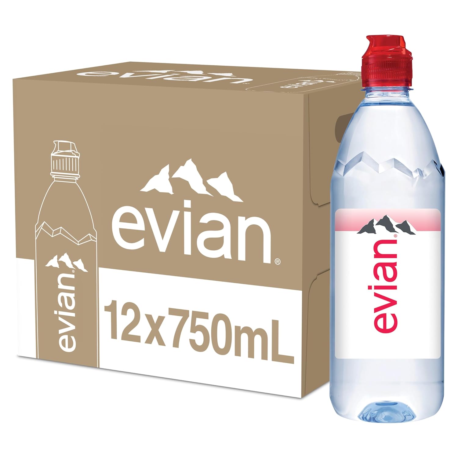 evian Natural Spring Water, 750 ml (25.36 fluid ounce) Water Bottle with Sports Cap, 12 Pack