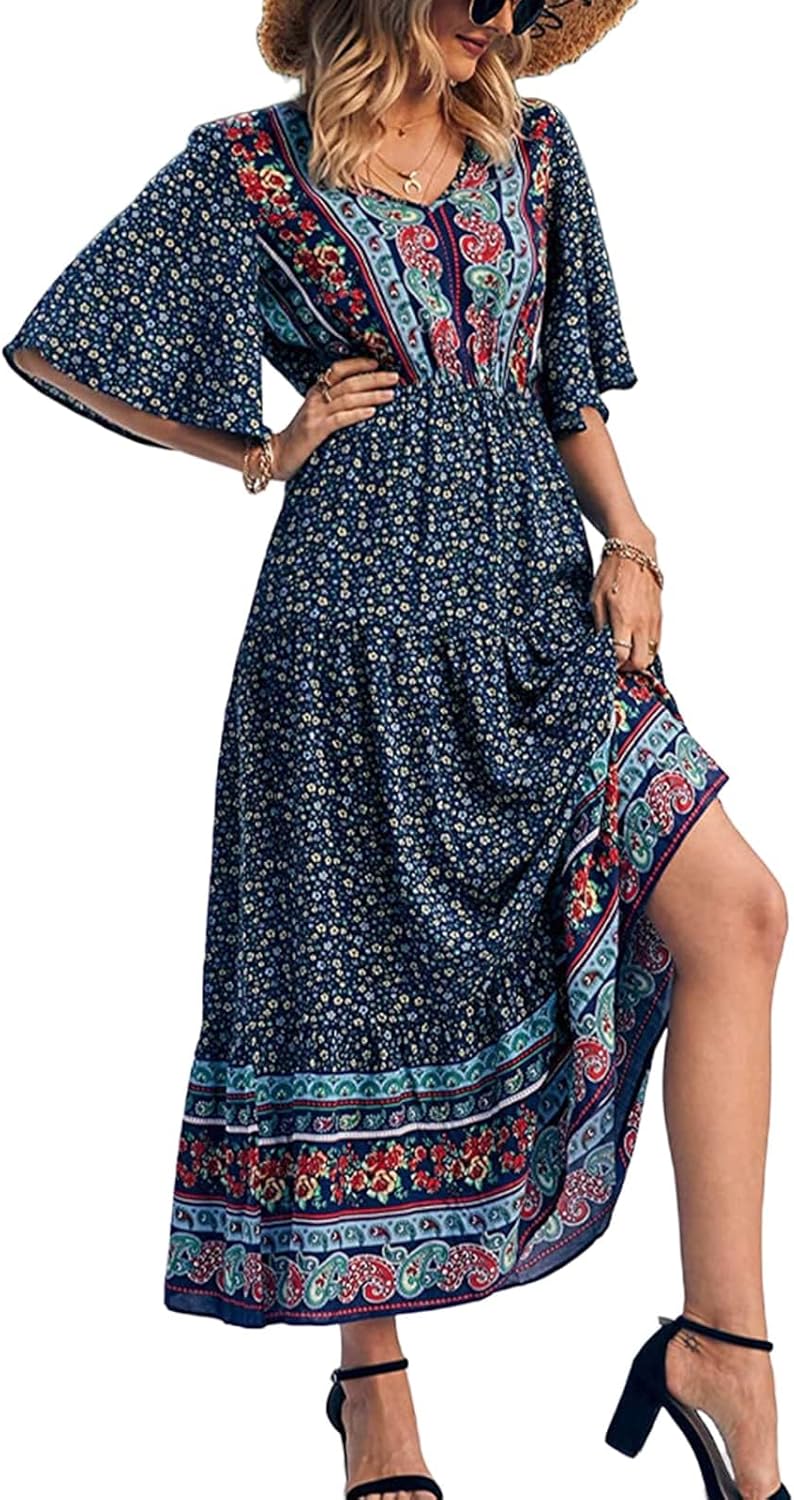 Women's Summer Casual Maxi Dress Bohemian Floral V Neck Puff Short Sleeve Ethnic Style Beach Tiered Sundress Long Swing Dress
