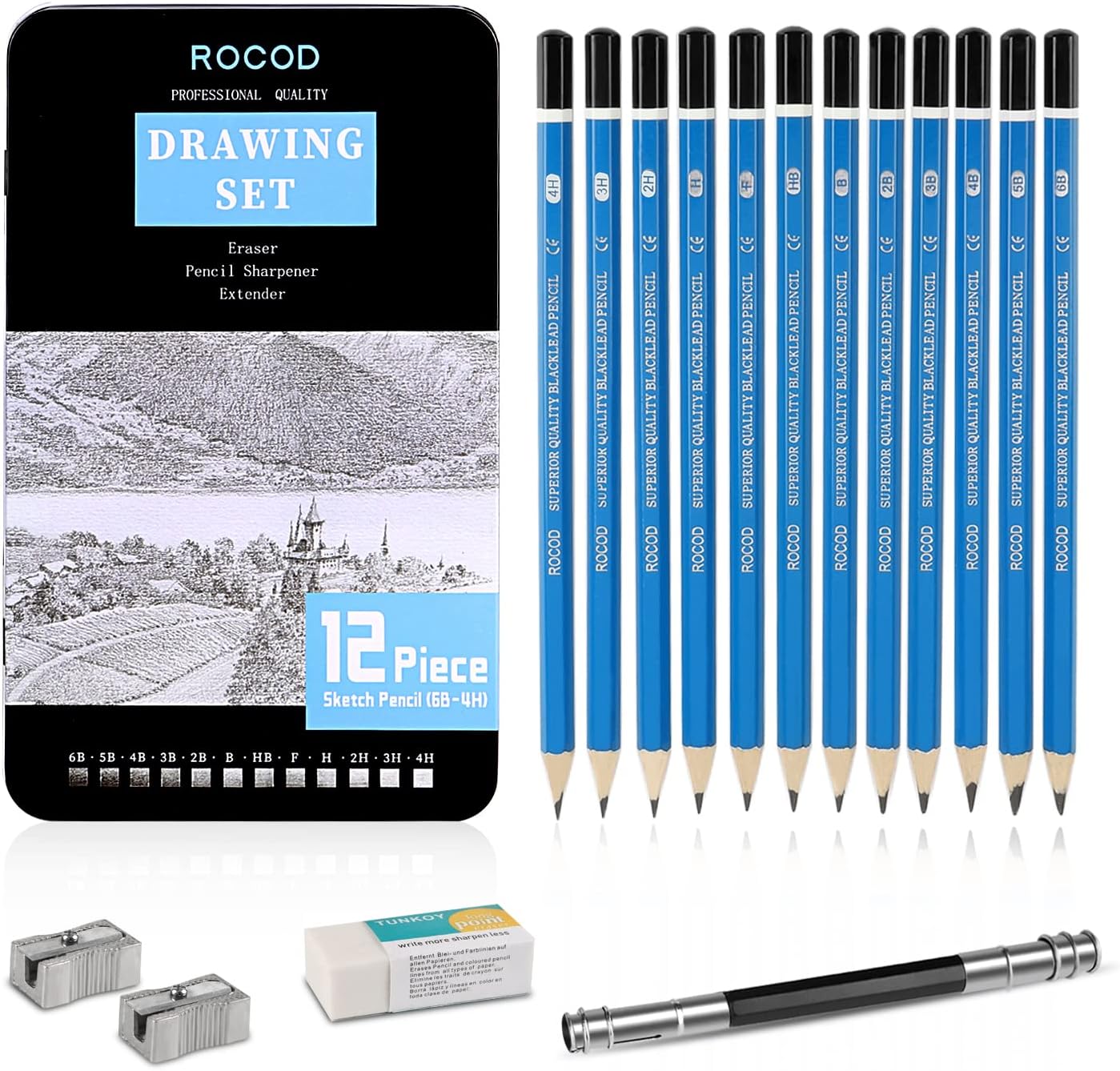 ROCOD Profession sketch pencils 6B to 4H for kids and adults drawing,Art graphite pencil for artists beginner sketching.