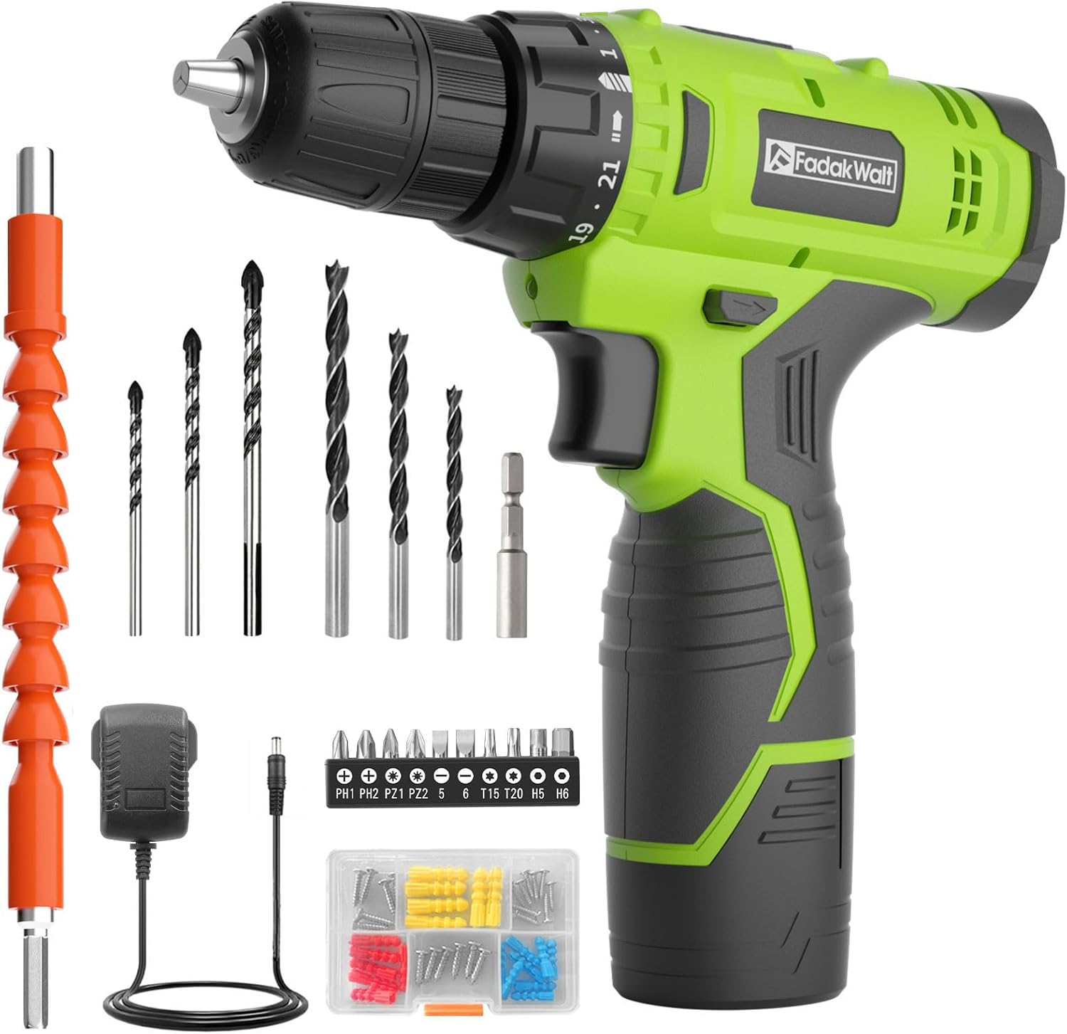 FADAKWALT 12V CordlessDrill, Battery Power Drill Drivers, 3/8” inch Keyless Chuck, Electric Screwdriver Kit, 21+1 Torque Setting, Combi Drill with Li-Ion Battery and Charger