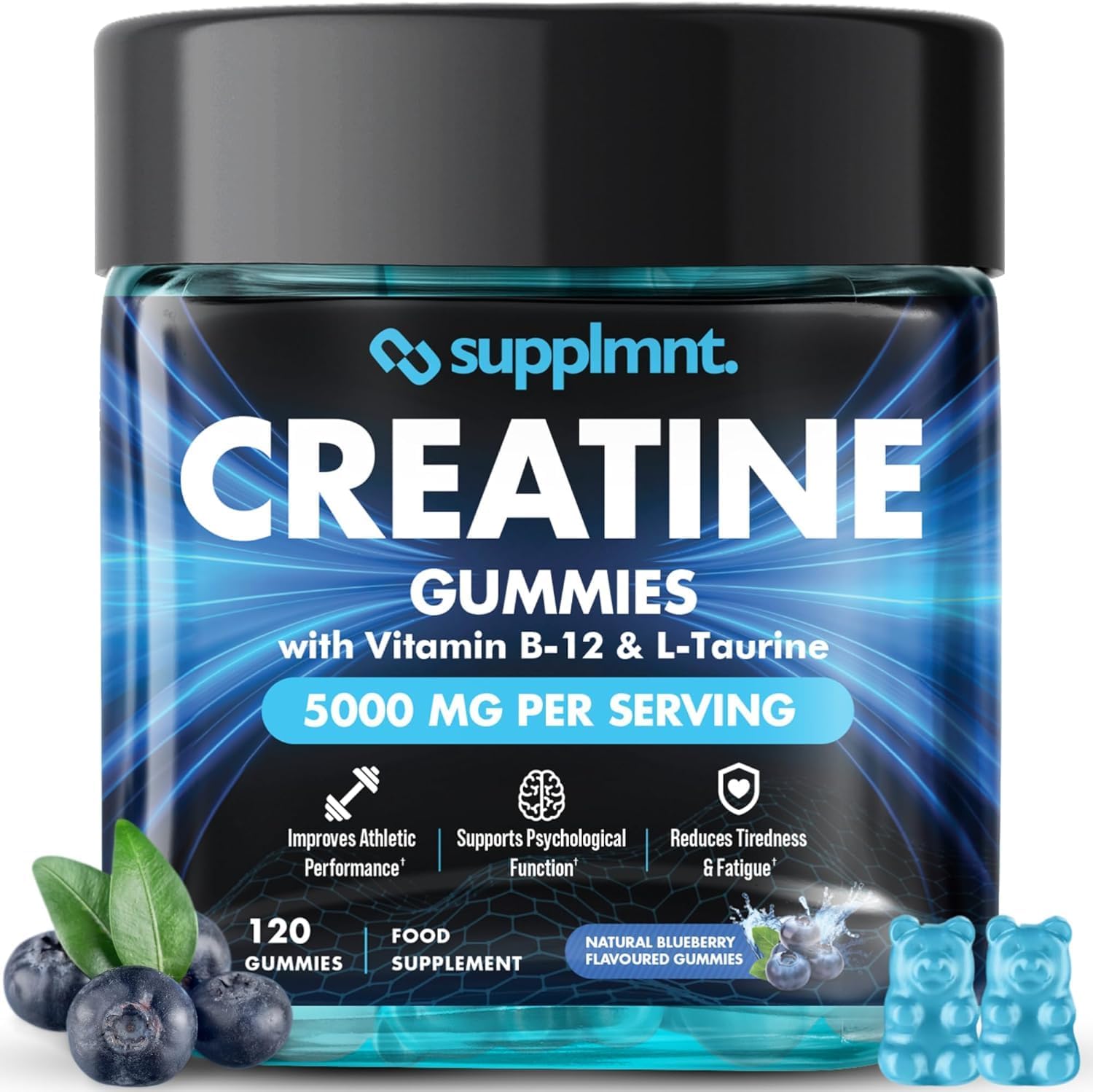 Supplmnt. Creatine Gummies 5000mg Lab-Tested 120ct Max Strength Muscle Growth/Recovery Supplements for Men & Women Creatine Monohydrate B12 & L-Taurine Vegan Gym Pre Workout Gummies, (Blueberry)